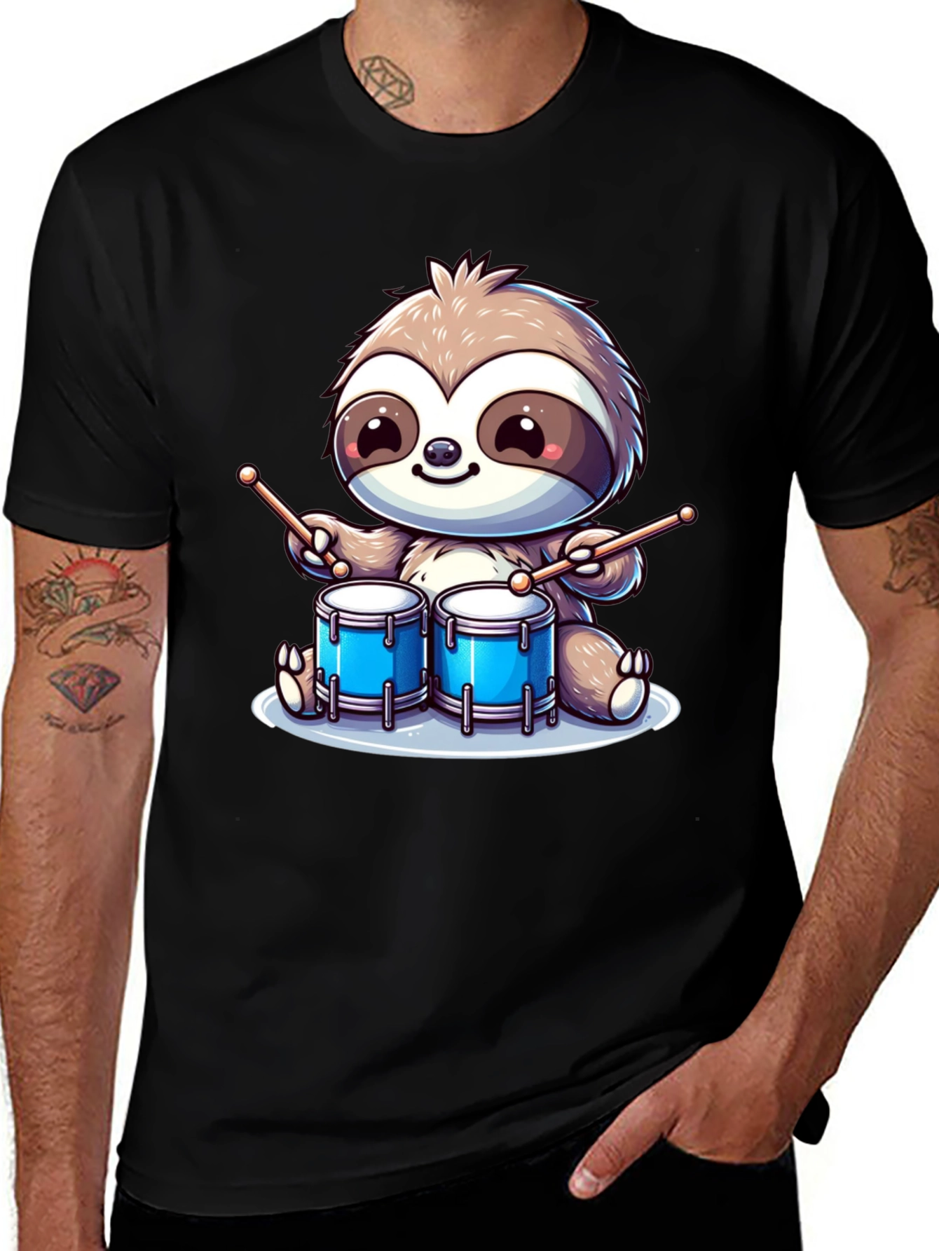 Sloth Drummer Graphic T-Shirt - Cool Cartoon Design