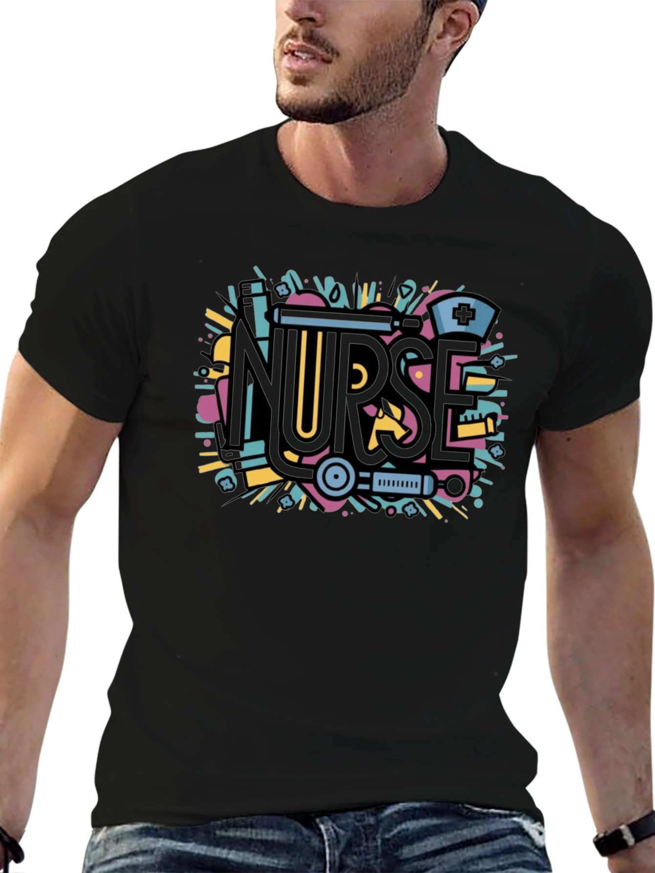 Nurse Graphic Tee - Black Cotton Blend Shirt