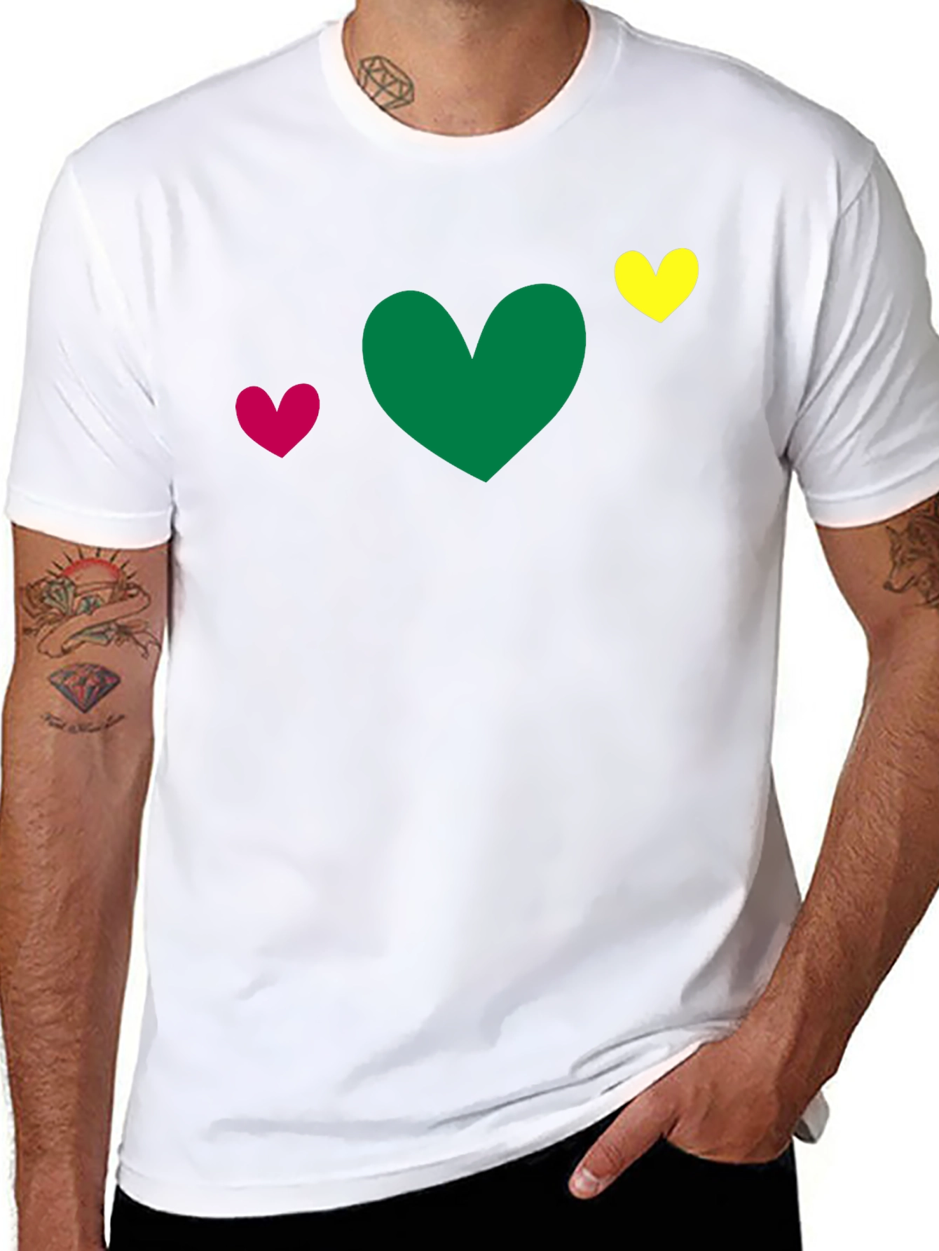 Heart Trio T-Shirt - Green Pink Yellow Hearts