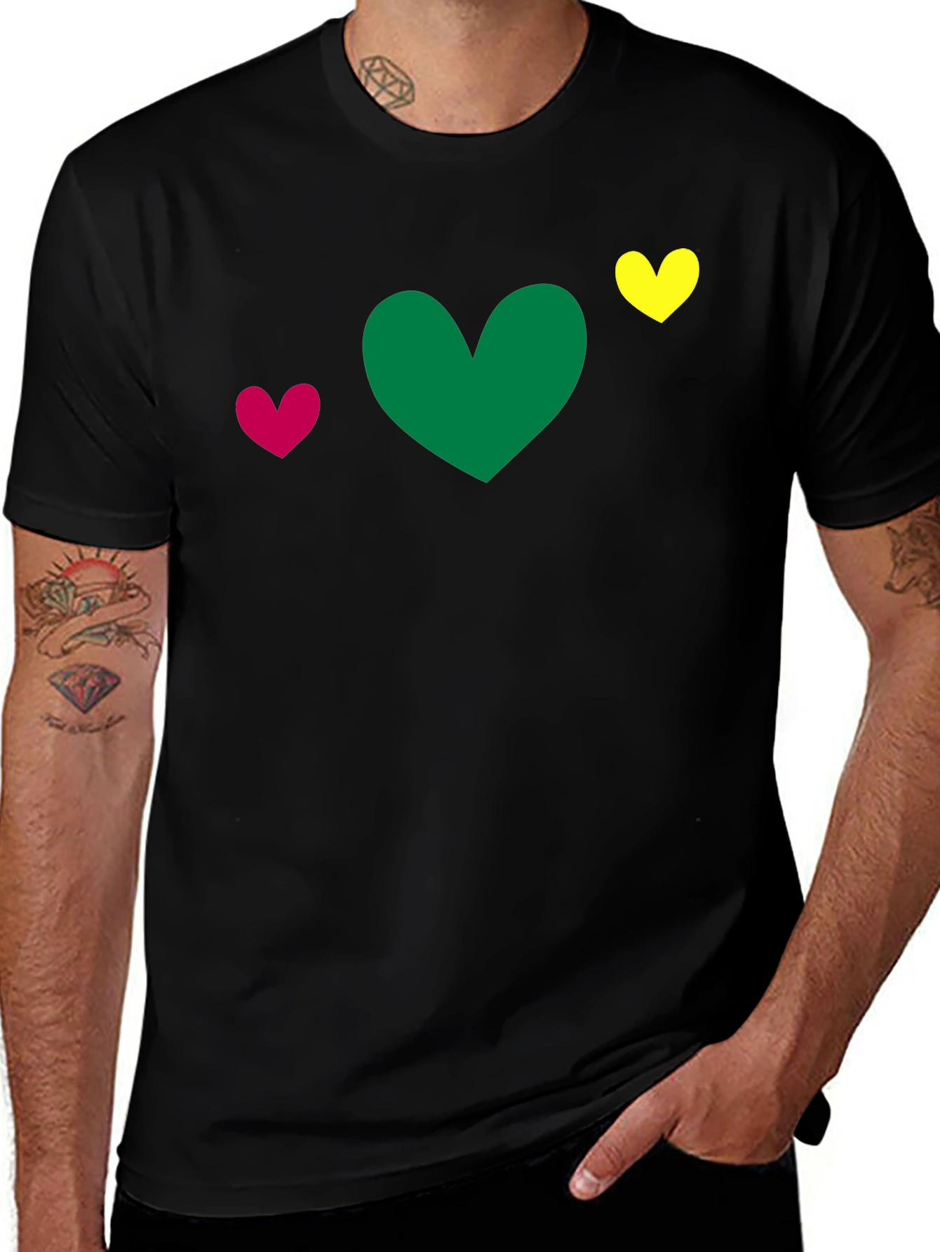 Heart Trio T-Shirt - Green Pink Yellow Hearts