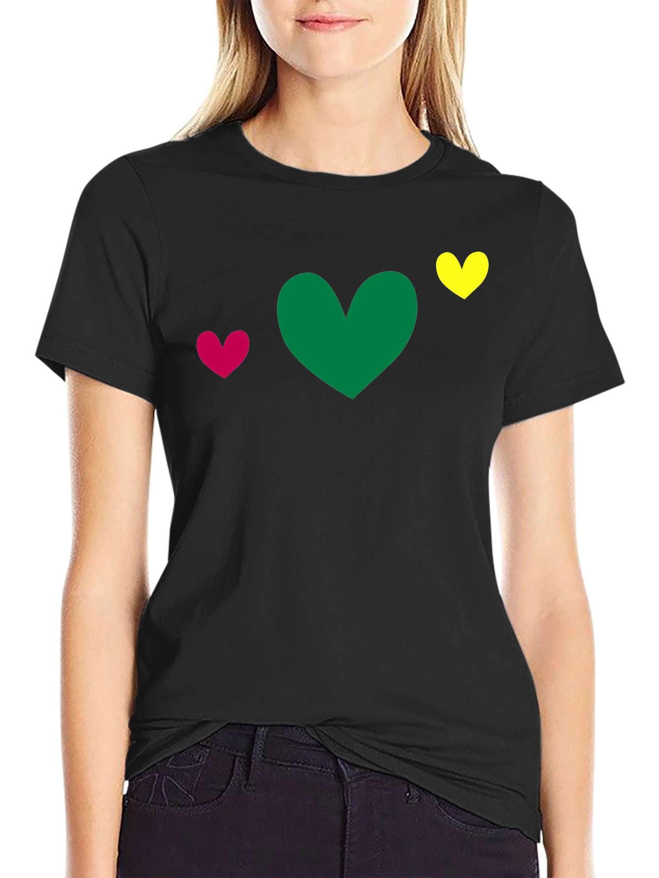 Heart Trio T-Shirt - Green Pink Yellow Hearts