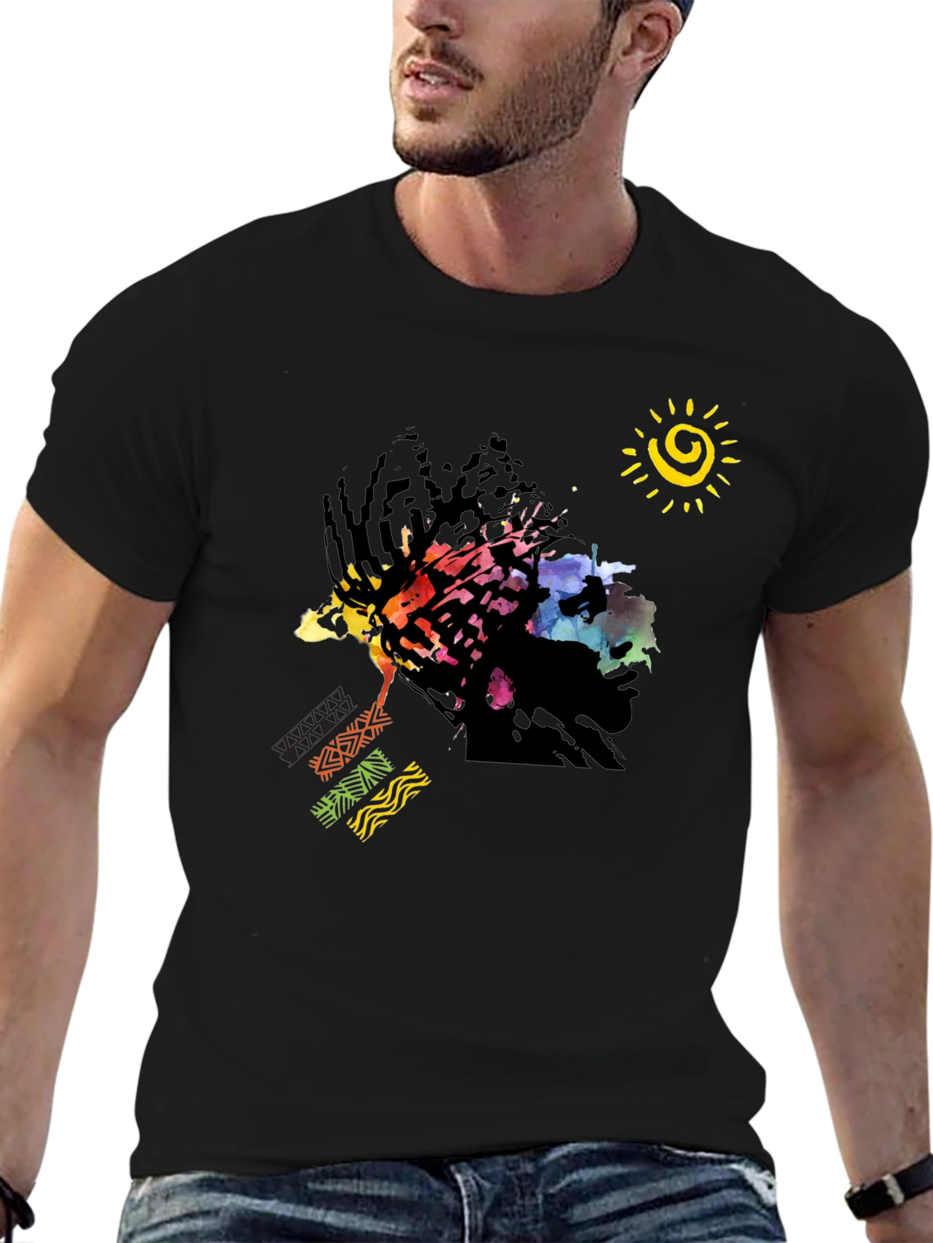 Abstract Afro Art Graphic T-Shirt - Black