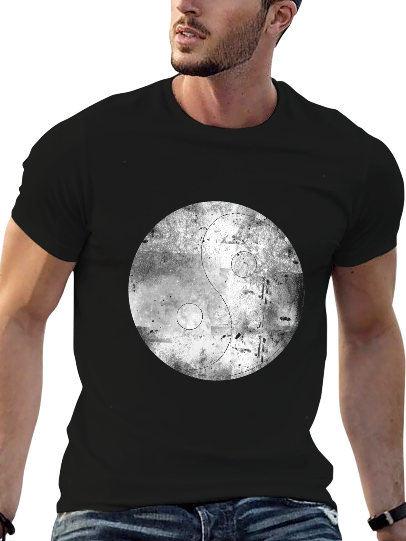 Yin Yang Distressed Graphic Black T-Shirt