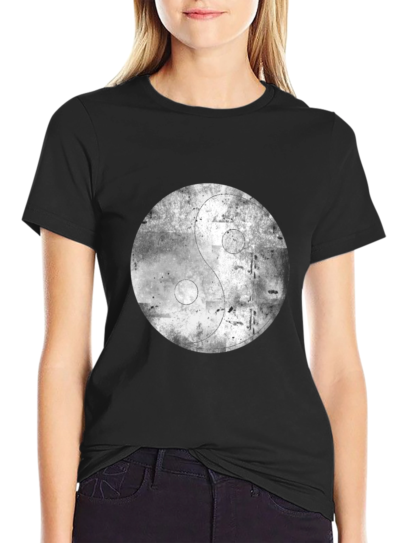 Yin Yang Distressed Graphic Black T-Shirt