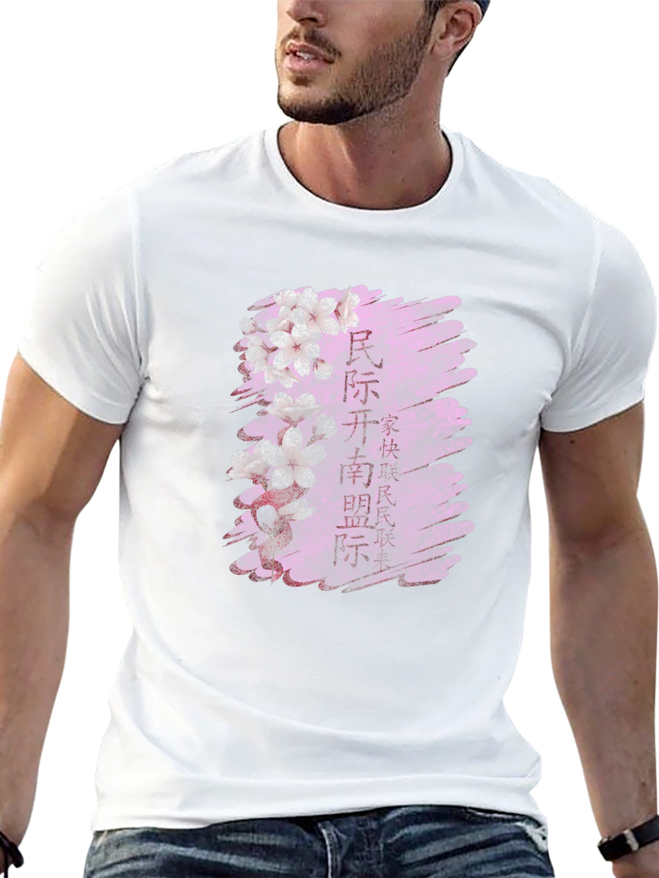 Mens Black T-Shirt with Japanese Cherry Blossom Design