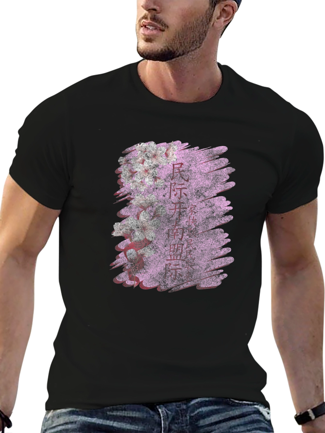 Mens Black T-Shirt with Japanese Cherry Blossom Design