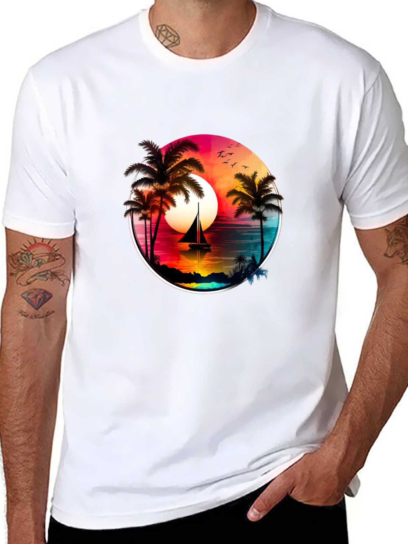 Sunset Sailboat Palm Tree Graphic Tee