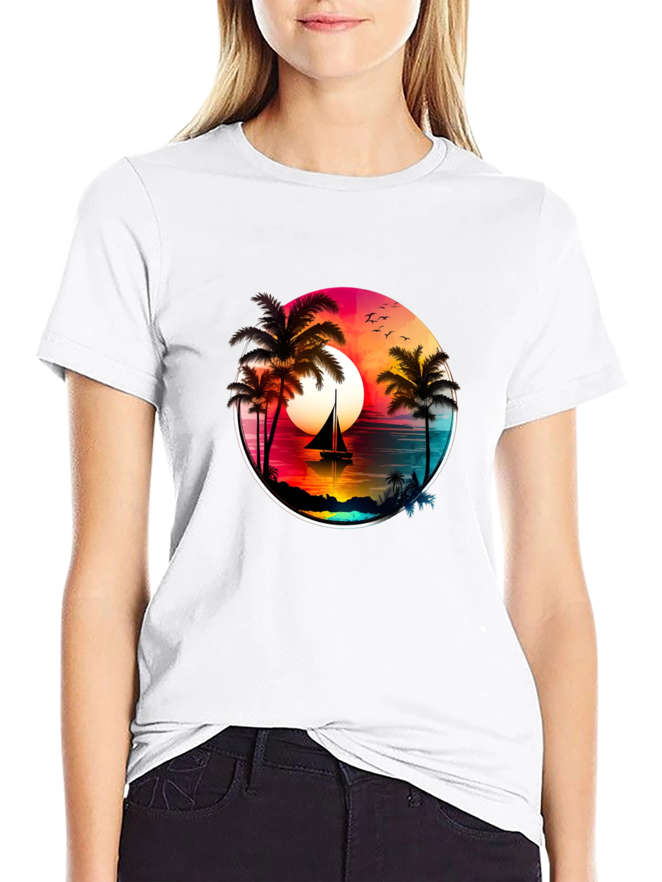 Sunset Sailboat Palm Tree Graphic Tee