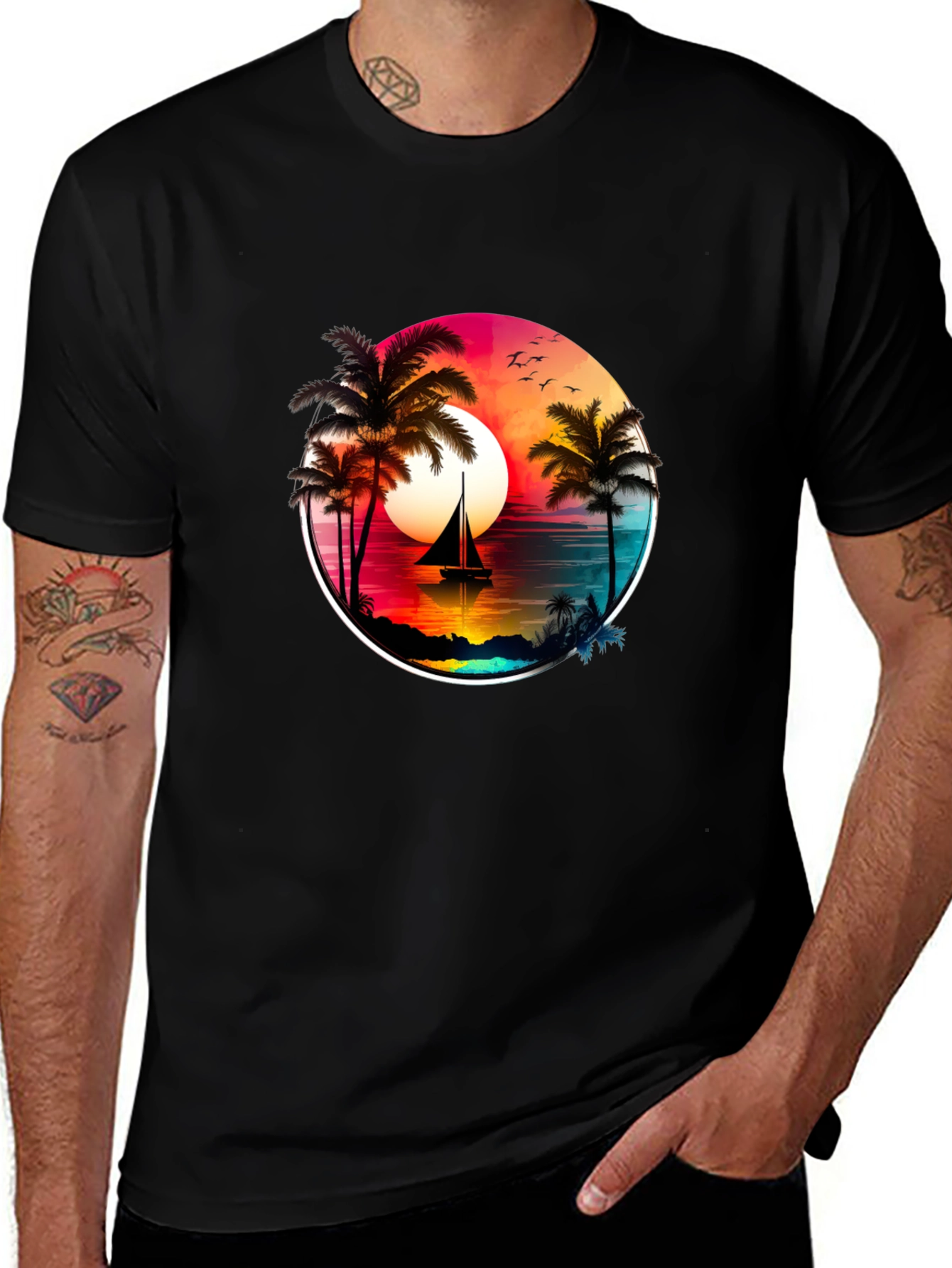 Sunset Sailboat Palm Tree Graphic Tee