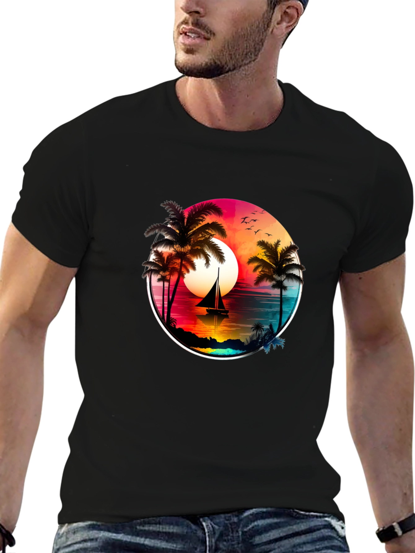 Sunset Sailboat Palm Tree Graphic Tee