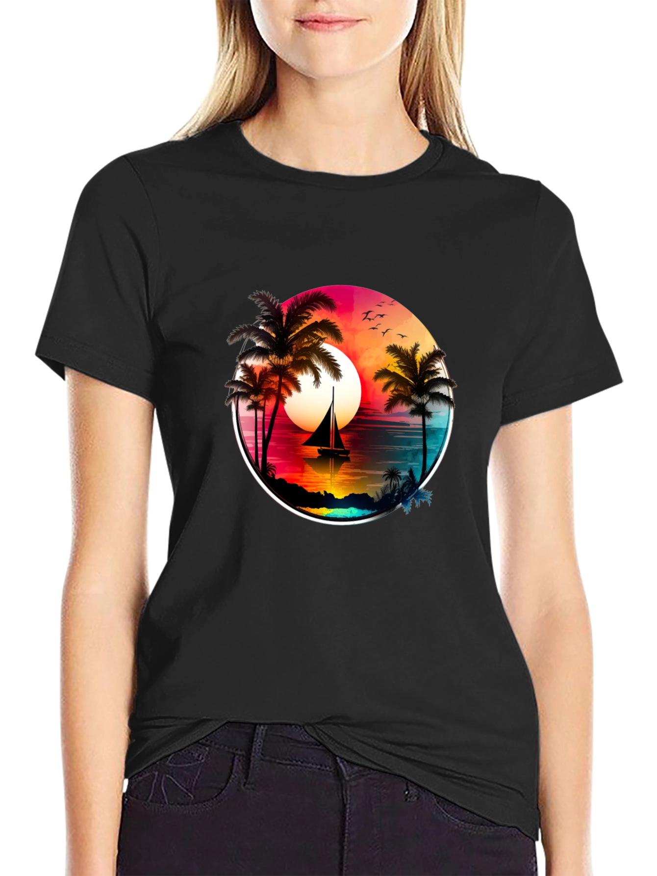 Sunset Sailboat Palm Tree Graphic Tee