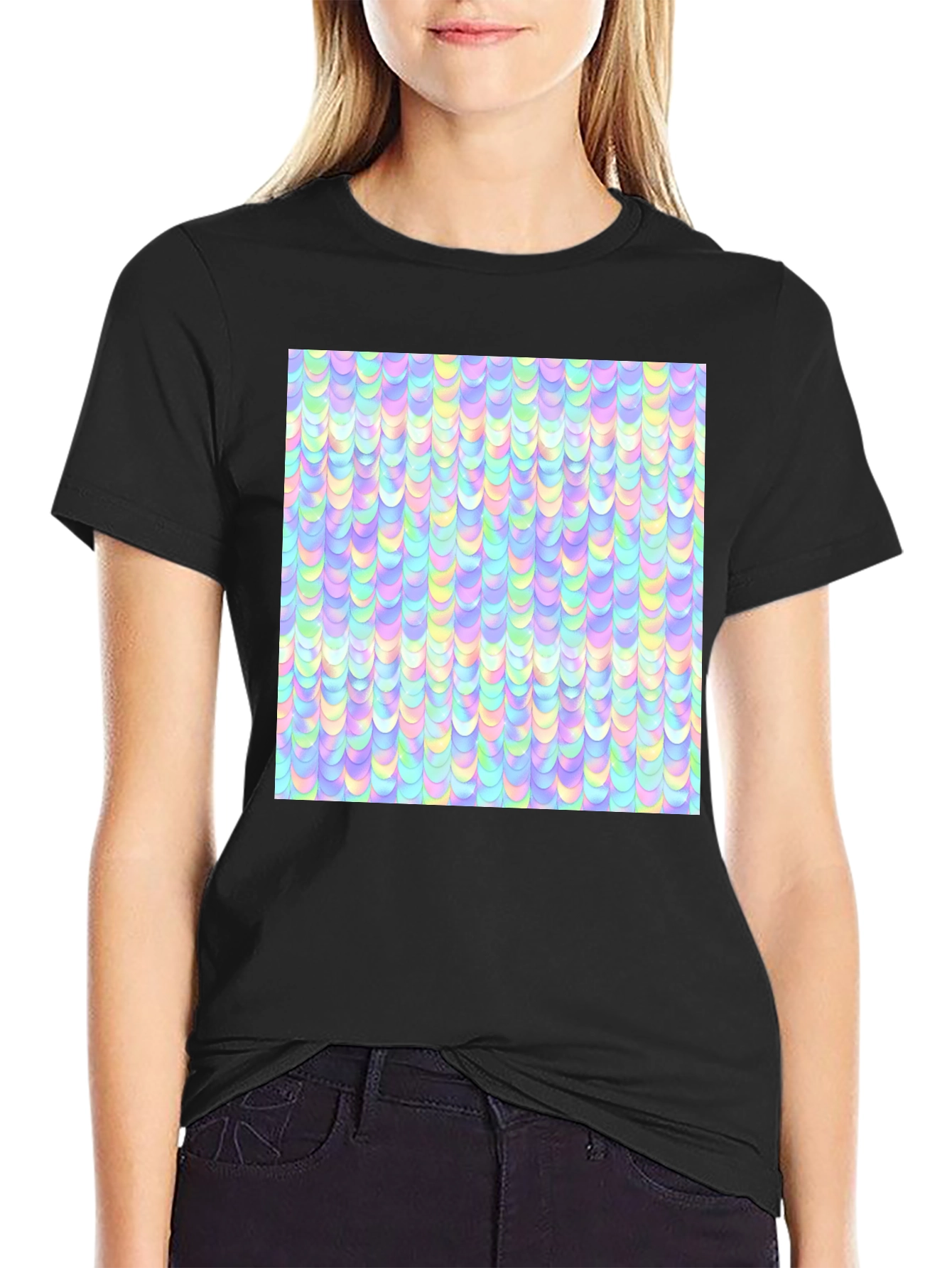 Iridescent Pastel Scale Print Black T-Shirt