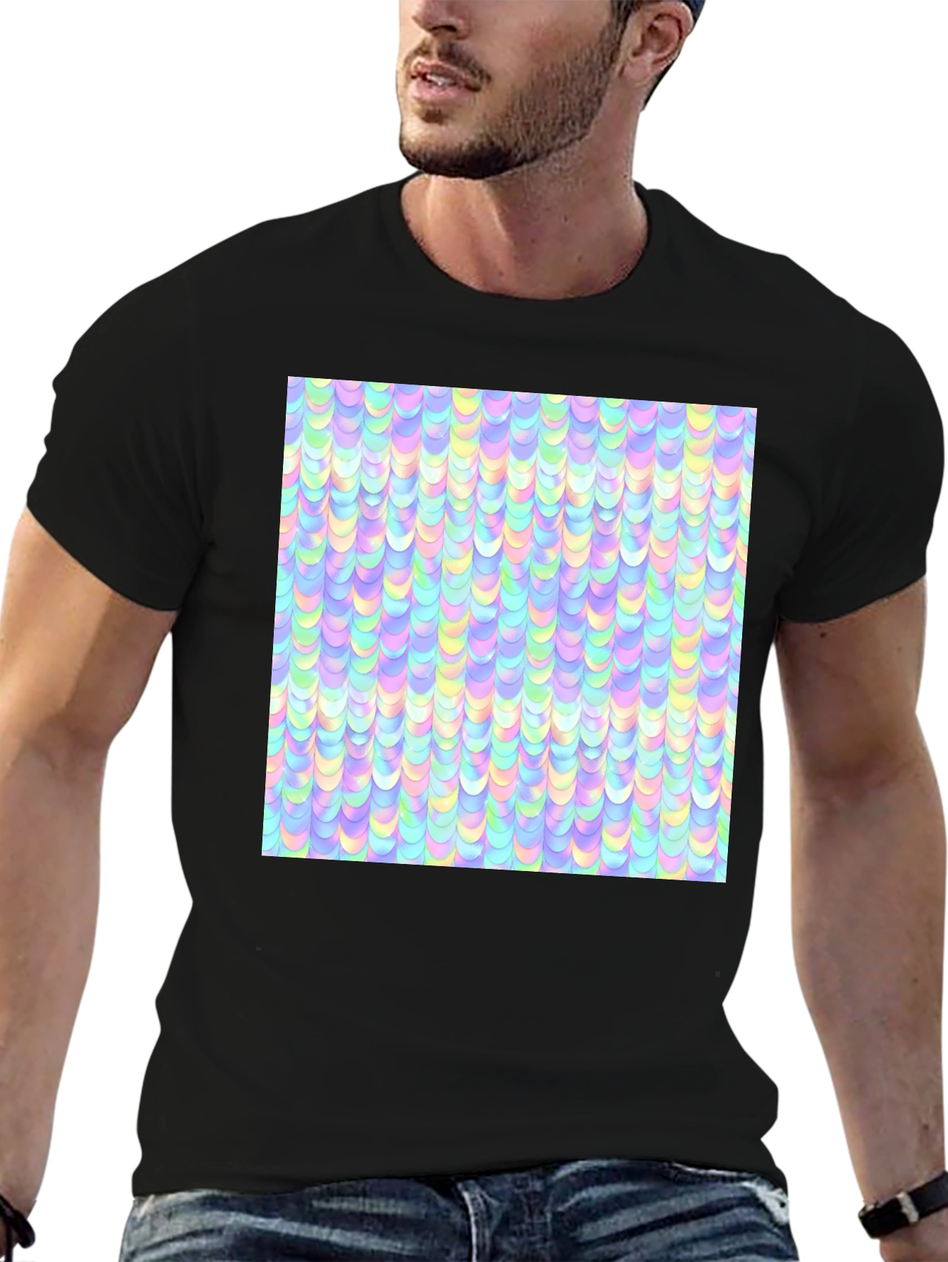 Iridescent Pastel Scale Print Black T-Shirt