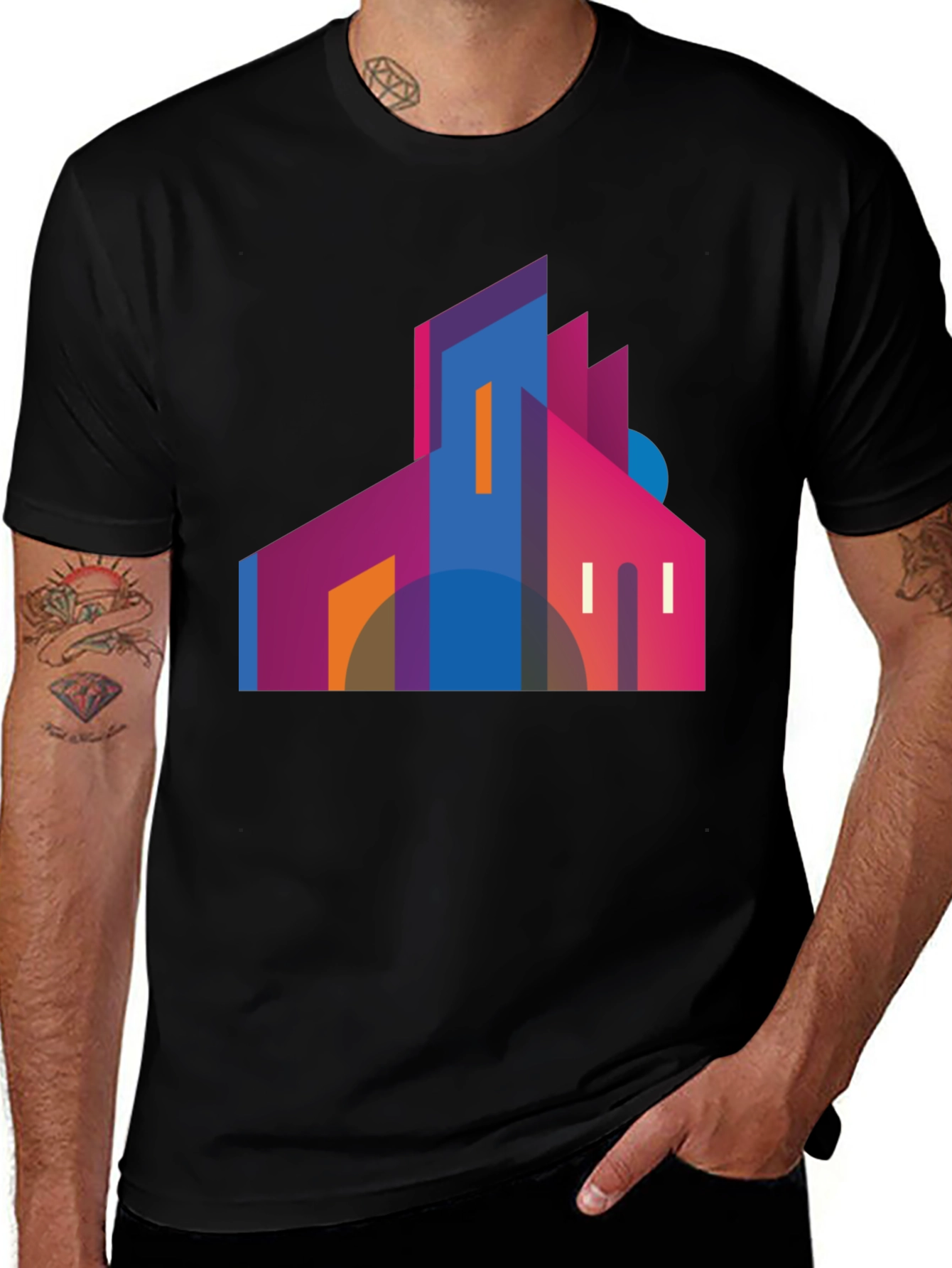 Modern Geometric Building Graphic Tee - Black