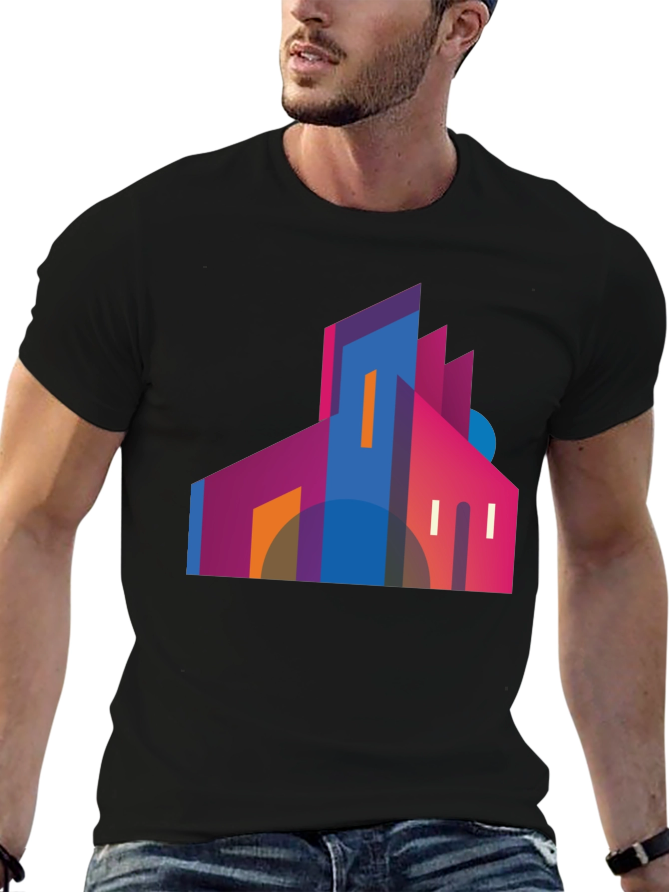 Modern Geometric Building Graphic Tee - Black