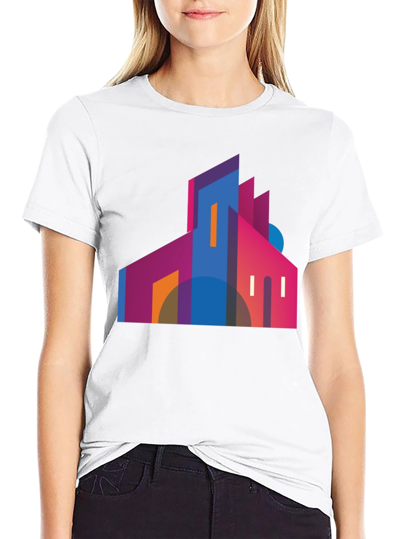 Modern Geometric Building Graphic Tee - Black