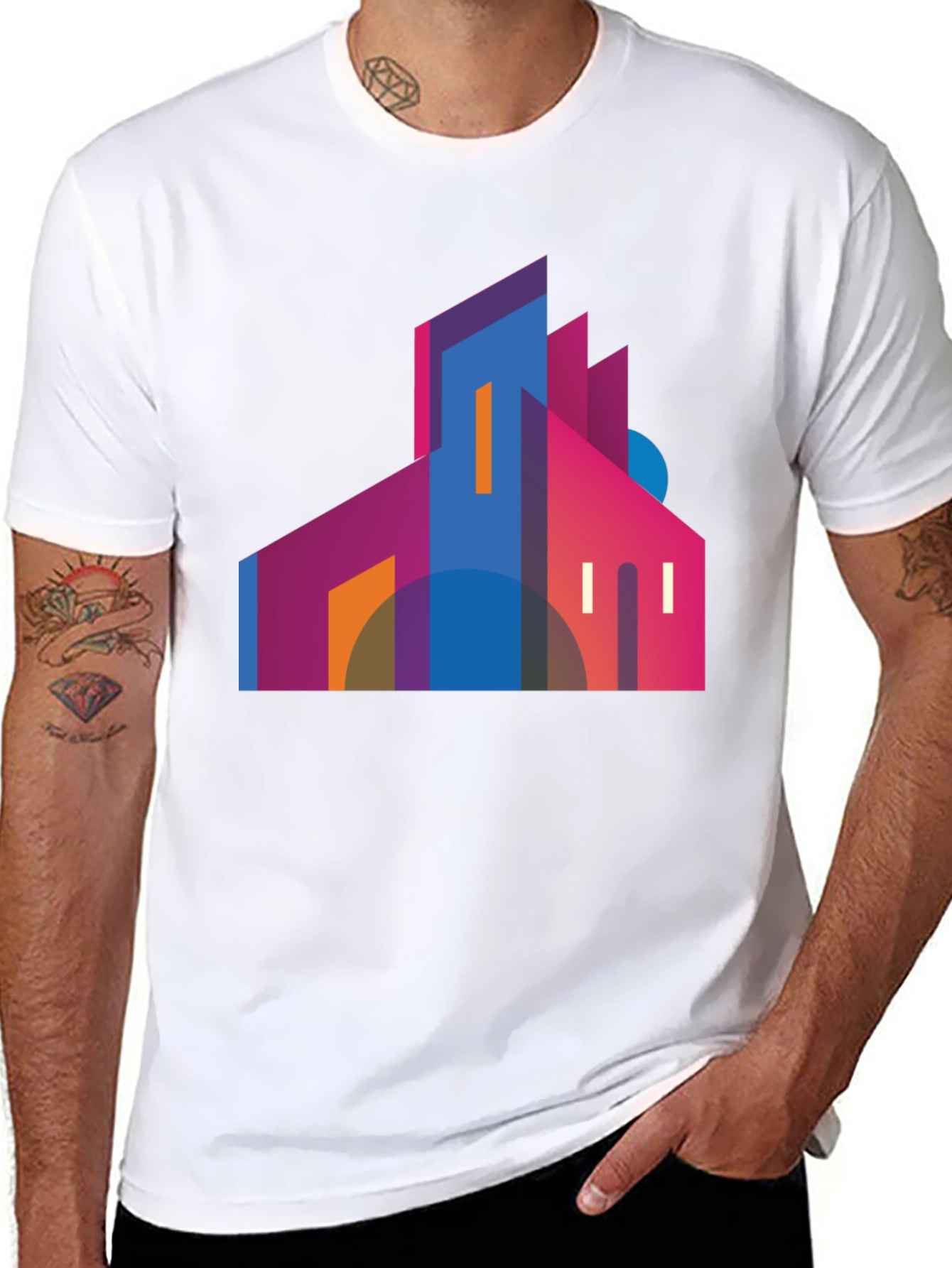 Modern Geometric Building Graphic Tee - Black