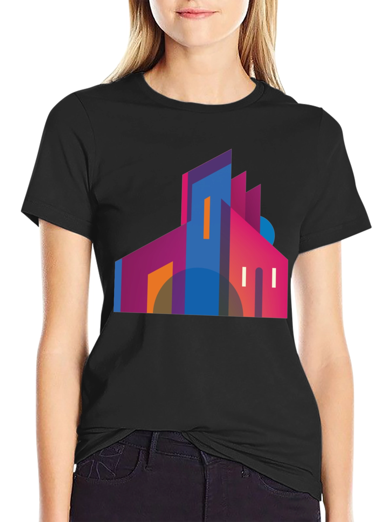 Modern Geometric Building Graphic Tee - Black