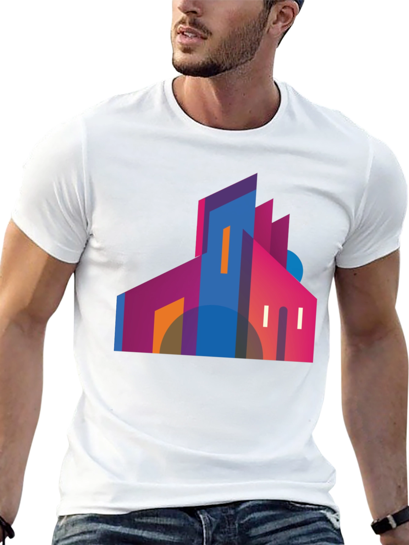 Modern Geometric Building Graphic Tee - Black
