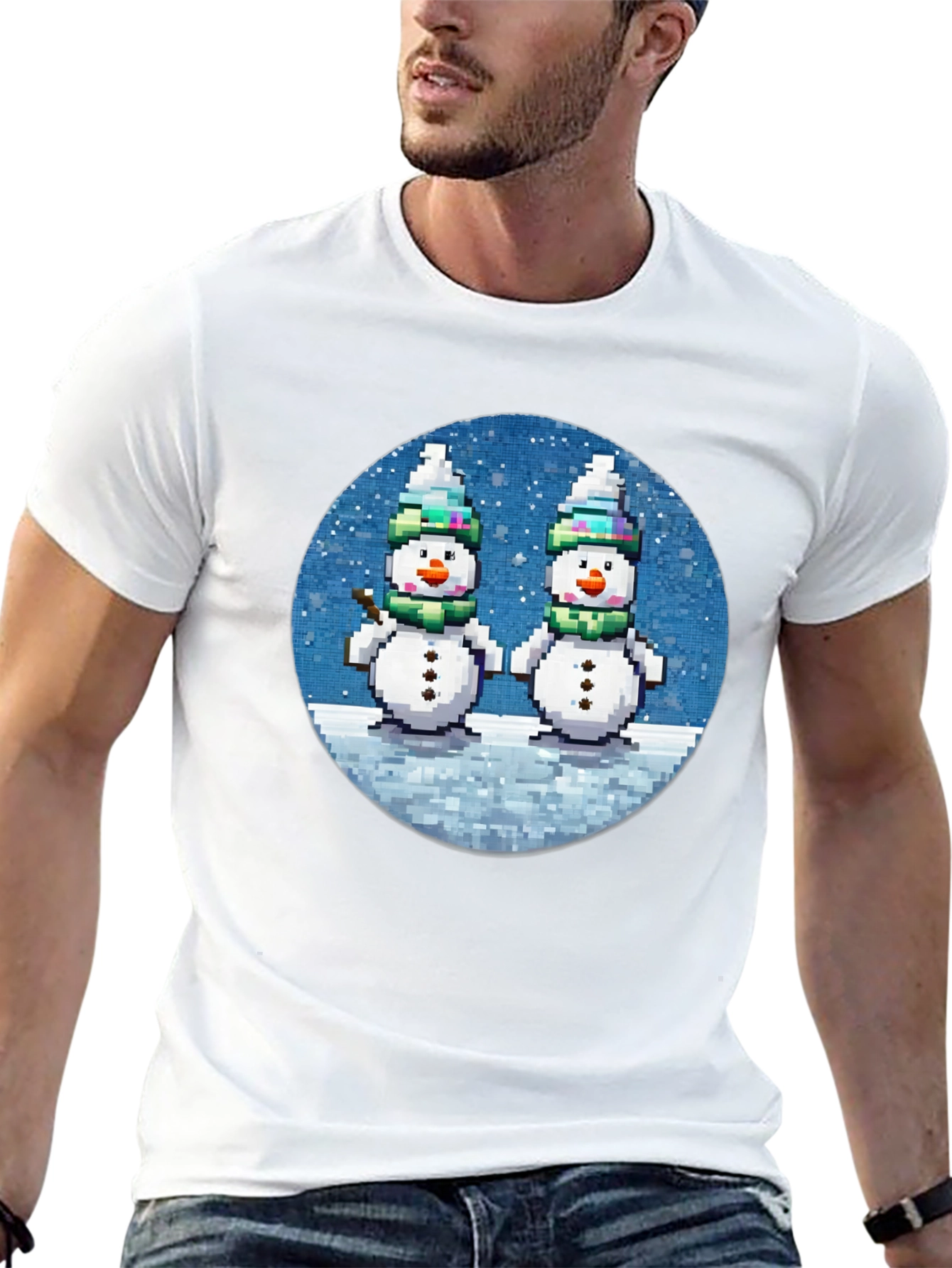 Pixelated Snowman Graphic Tee - Winter Holiday Shirt