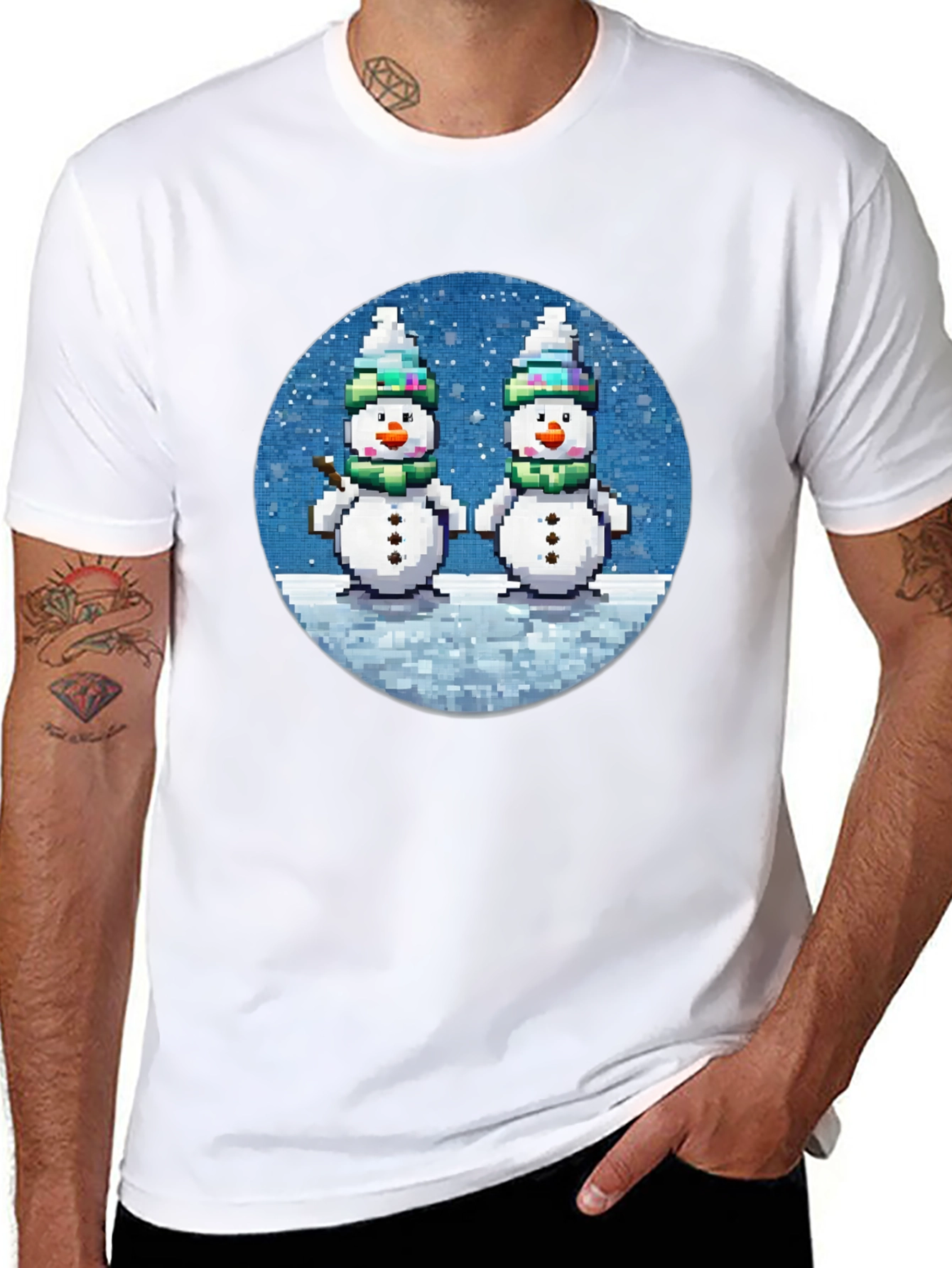 Pixelated Snowman Graphic Tee - Winter Holiday Shirt