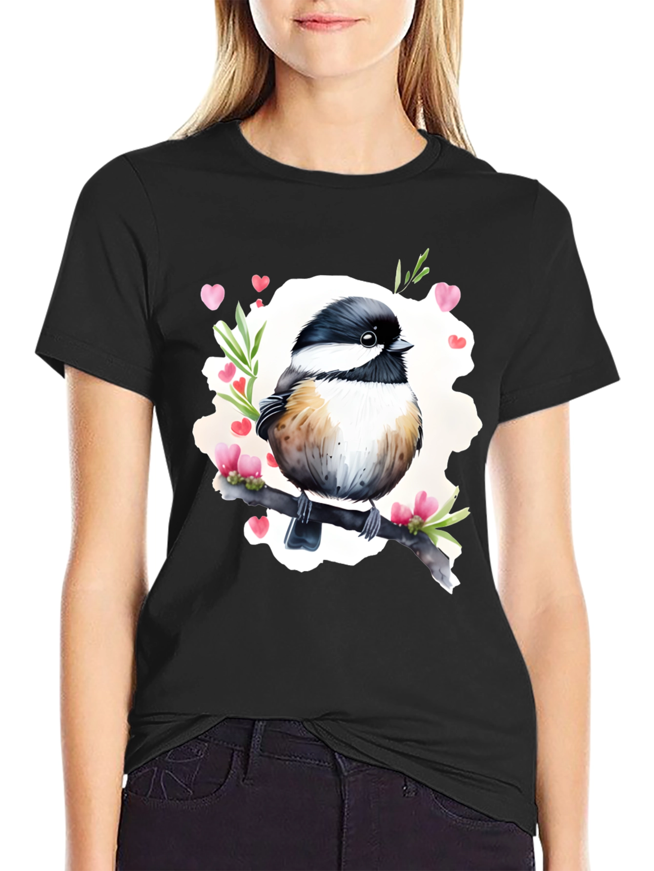 Cute Bird with Hearts Black T-Shirt