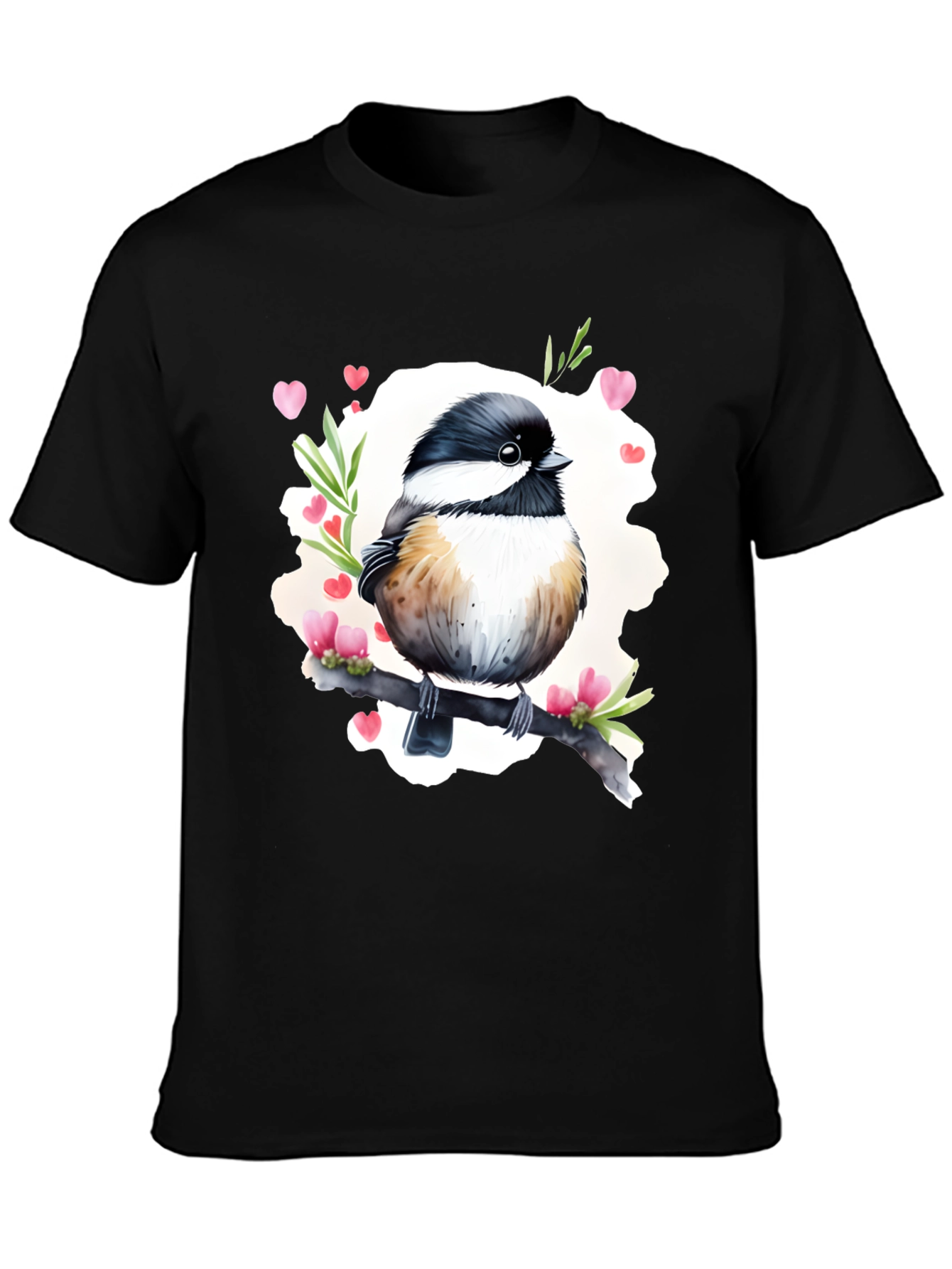 Cute Bird with Hearts Black T-Shirt