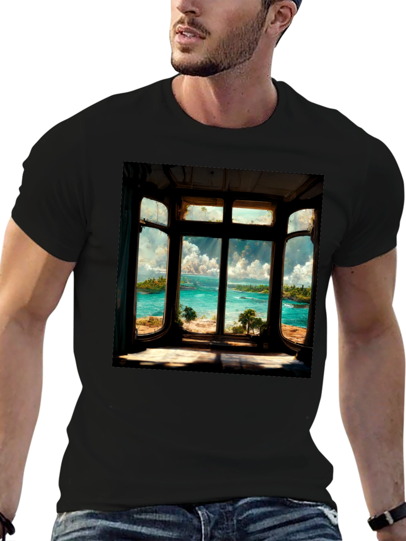 Coastal View Graphic Tee - Black Cotton Comfort