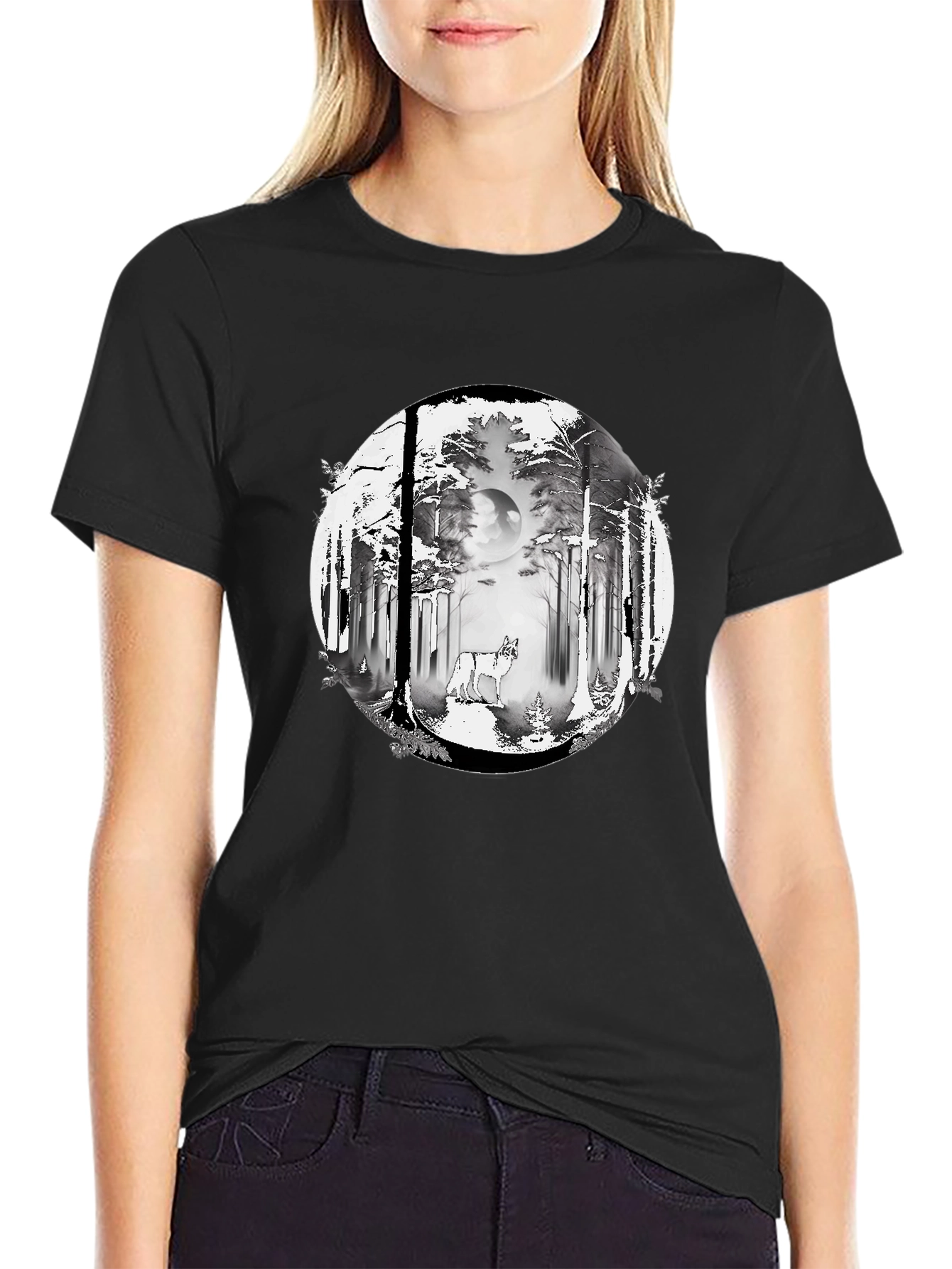 Wolf Forest Graphic Tee - Stylish Black T-Shirt