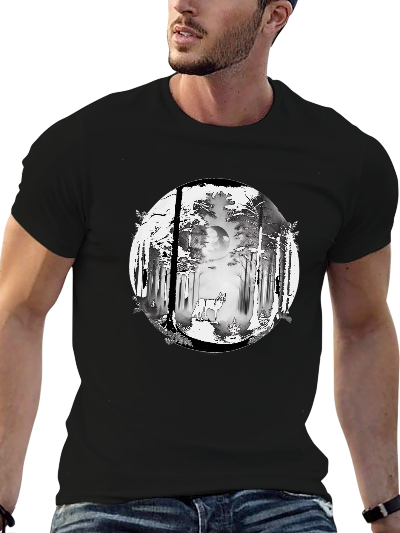 Wolf Forest Graphic Tee - Stylish Black T-Shirt