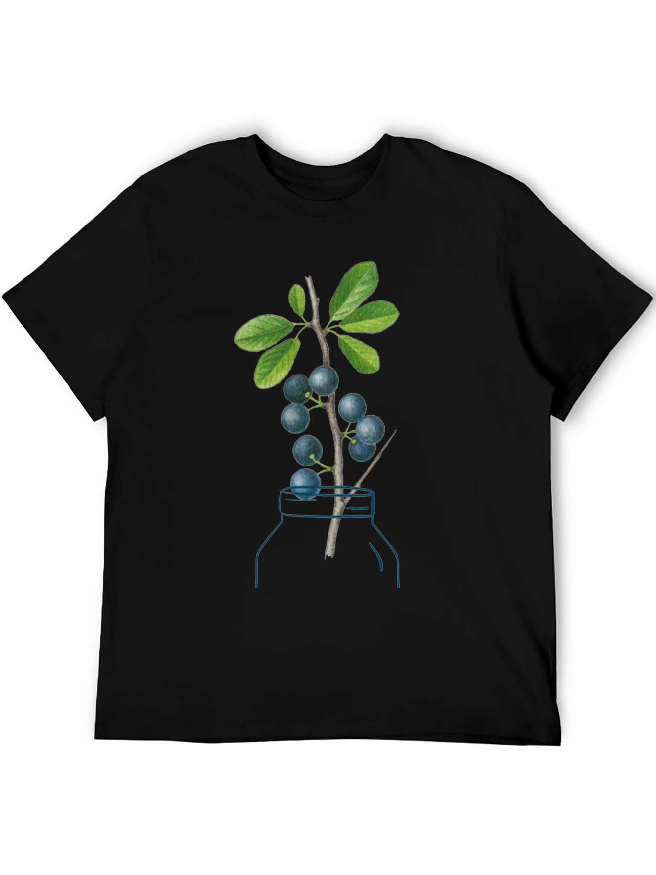 Botanical Black T-Shirt with Berry Branch Design