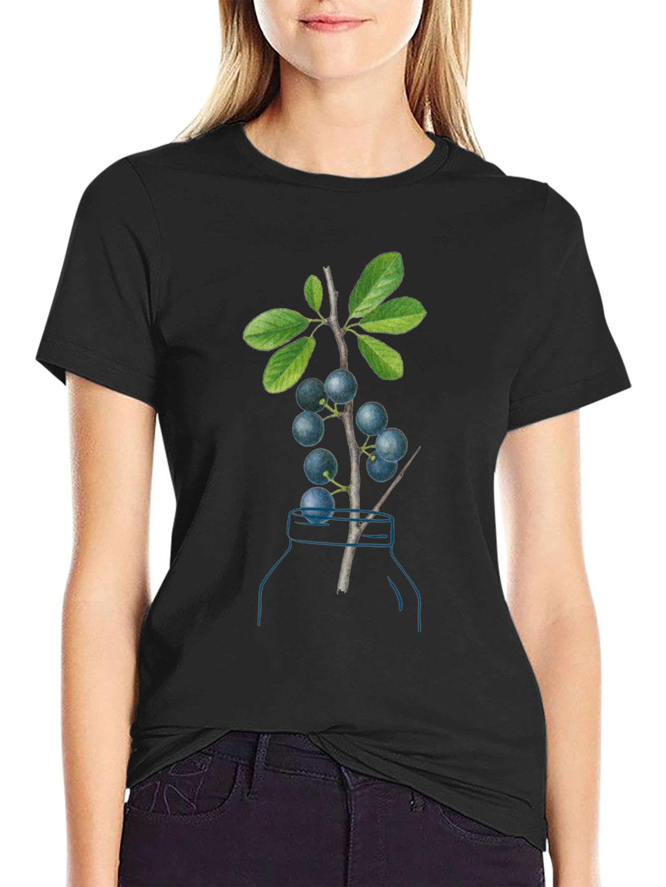 Botanical Black T-Shirt with Berry Branch Design