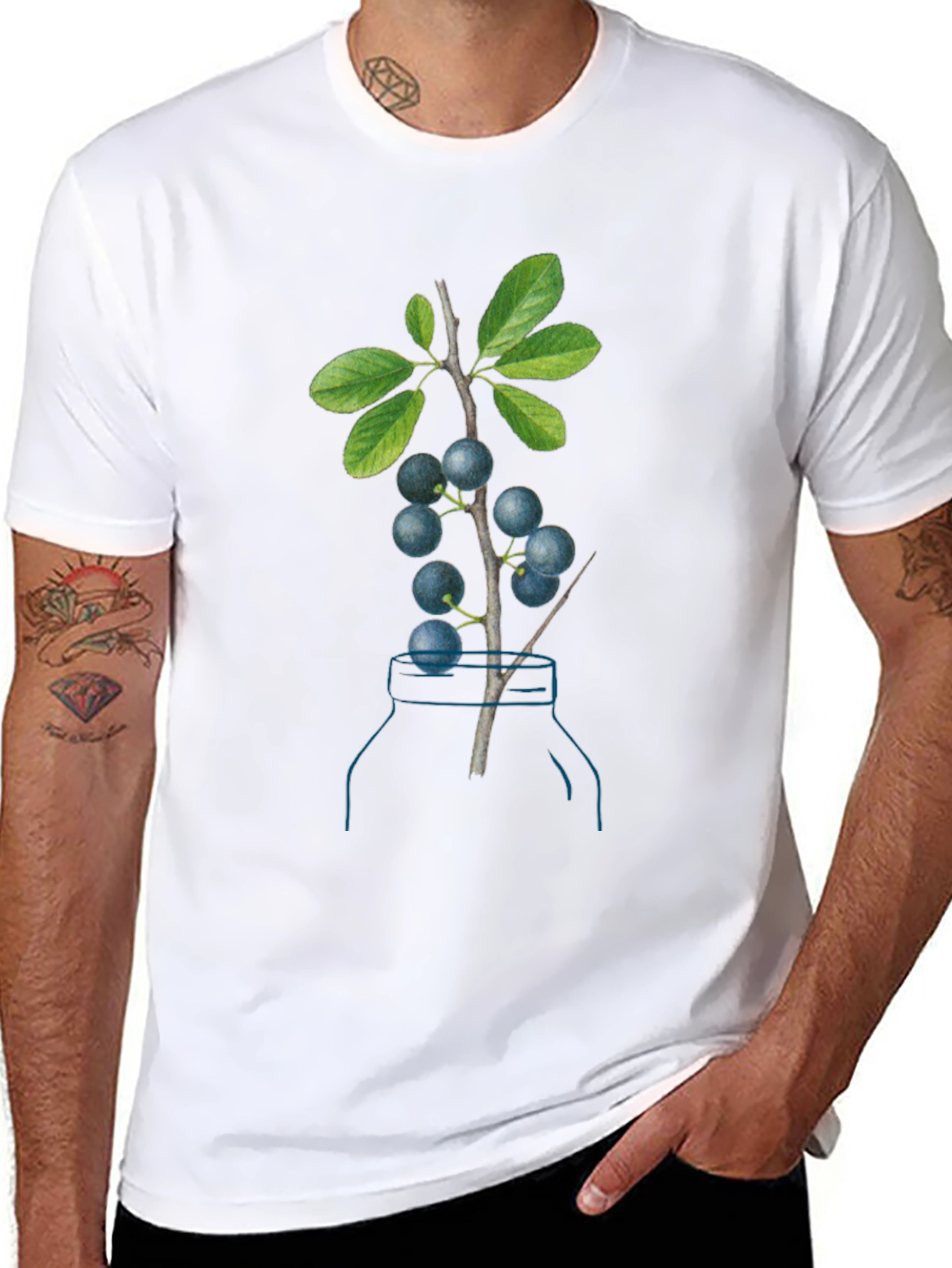 Botanical Black T-Shirt with Berry Branch Design