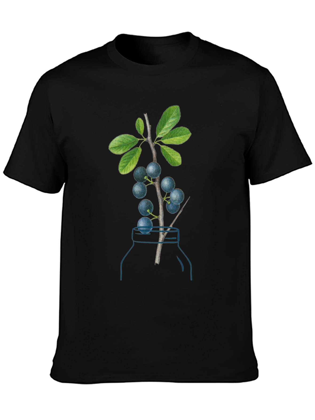 Botanical Black T-Shirt with Berry Branch Design