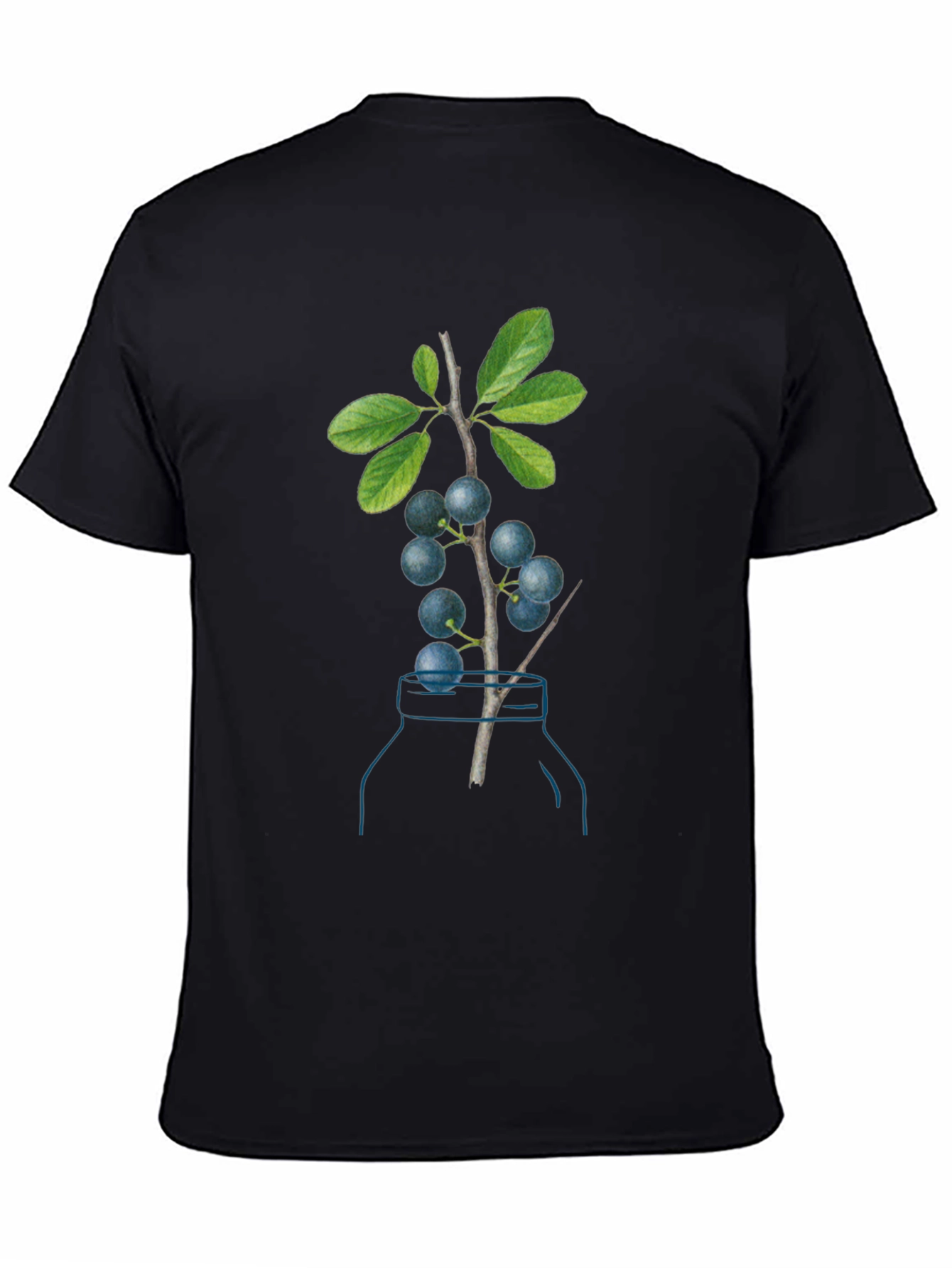 Botanical Black T-Shirt with Berry Branch Design