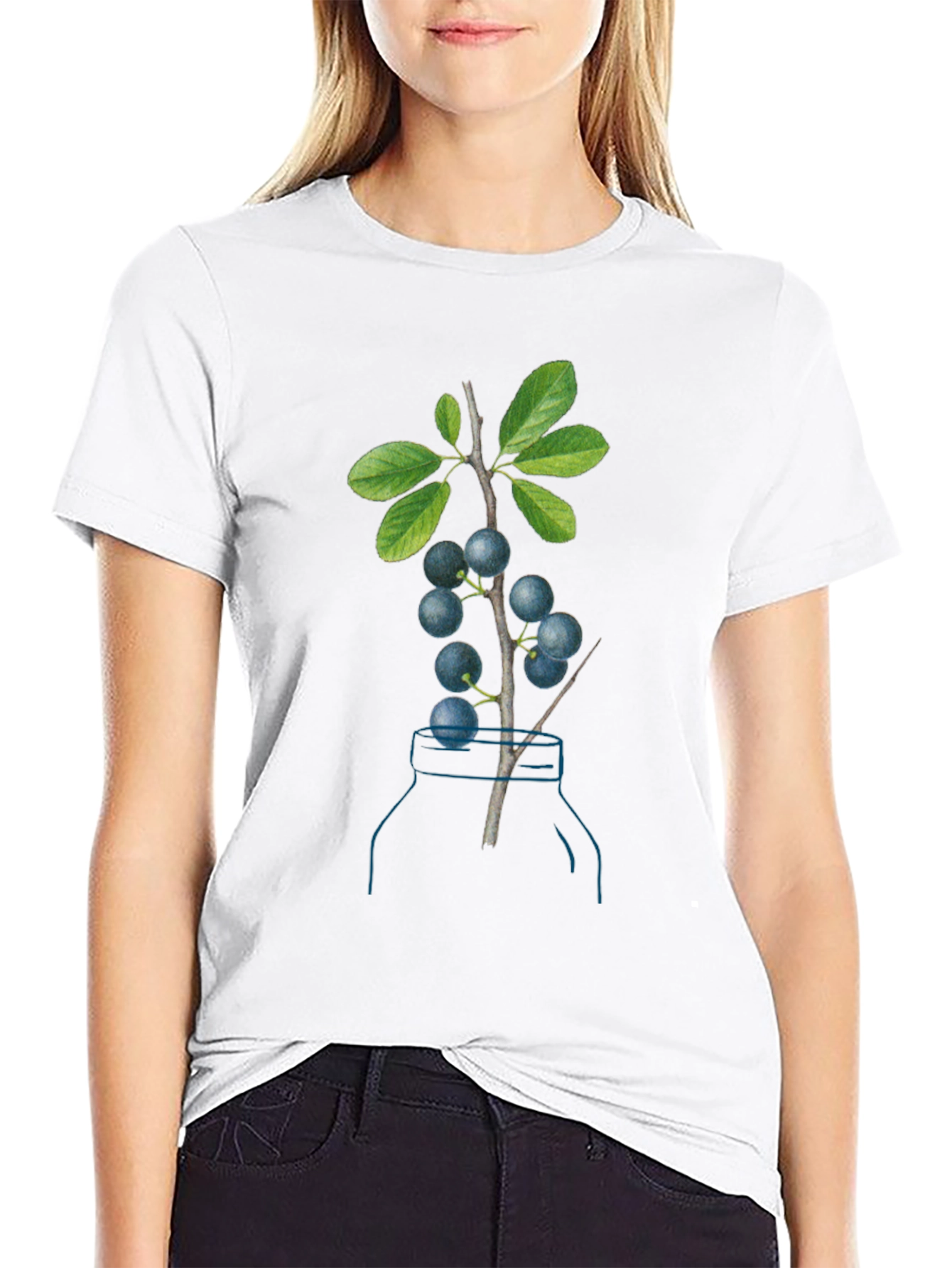 Botanical Black T-Shirt with Berry Branch Design