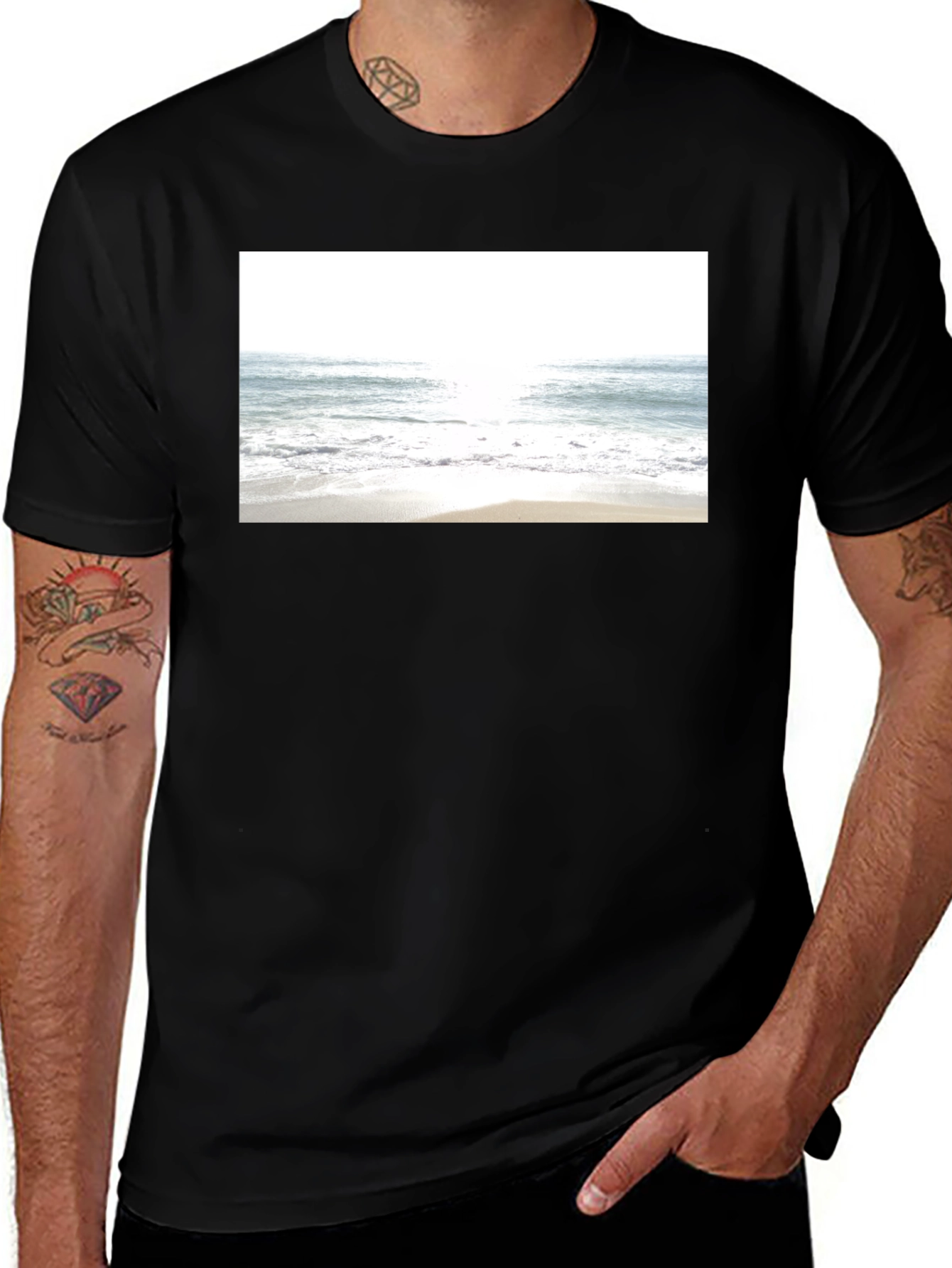 Beach Scene Graphic Tee - Soft Black Cotton T-Shirt