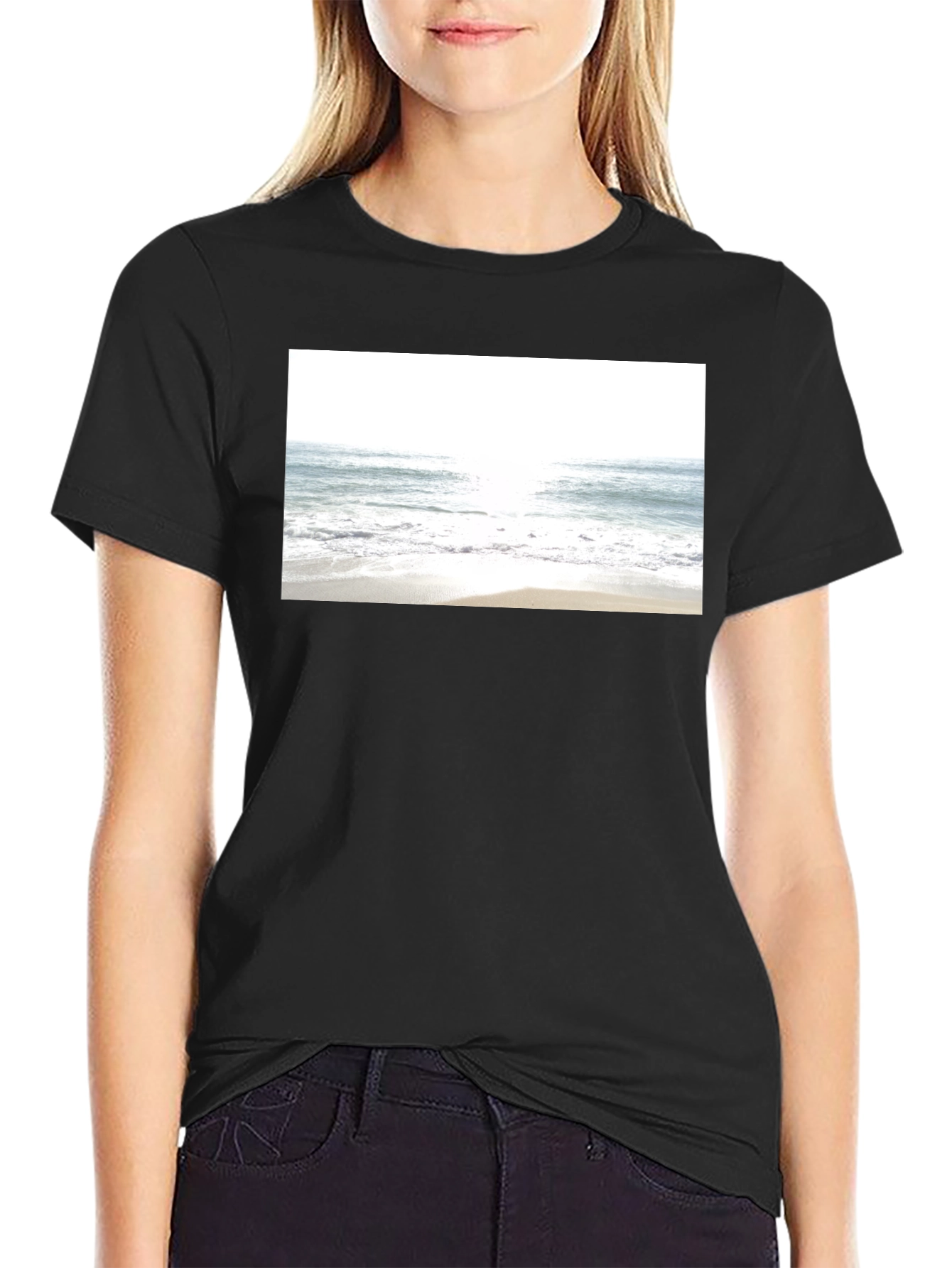 Beach Scene Graphic Tee - Soft Black Cotton T-Shirt