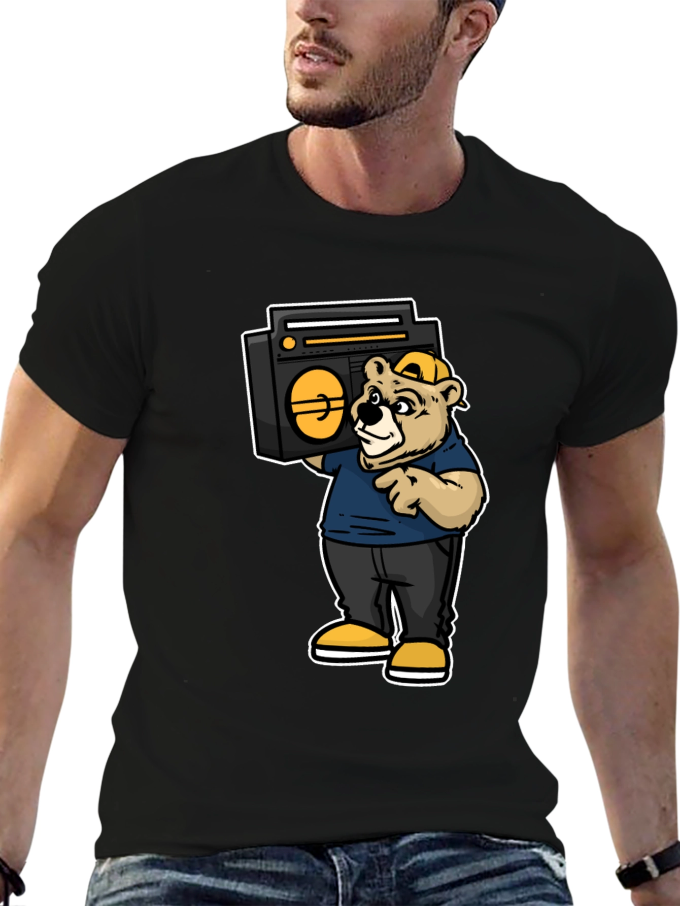 Bear Holding Boombox Graphic Tee - Black
