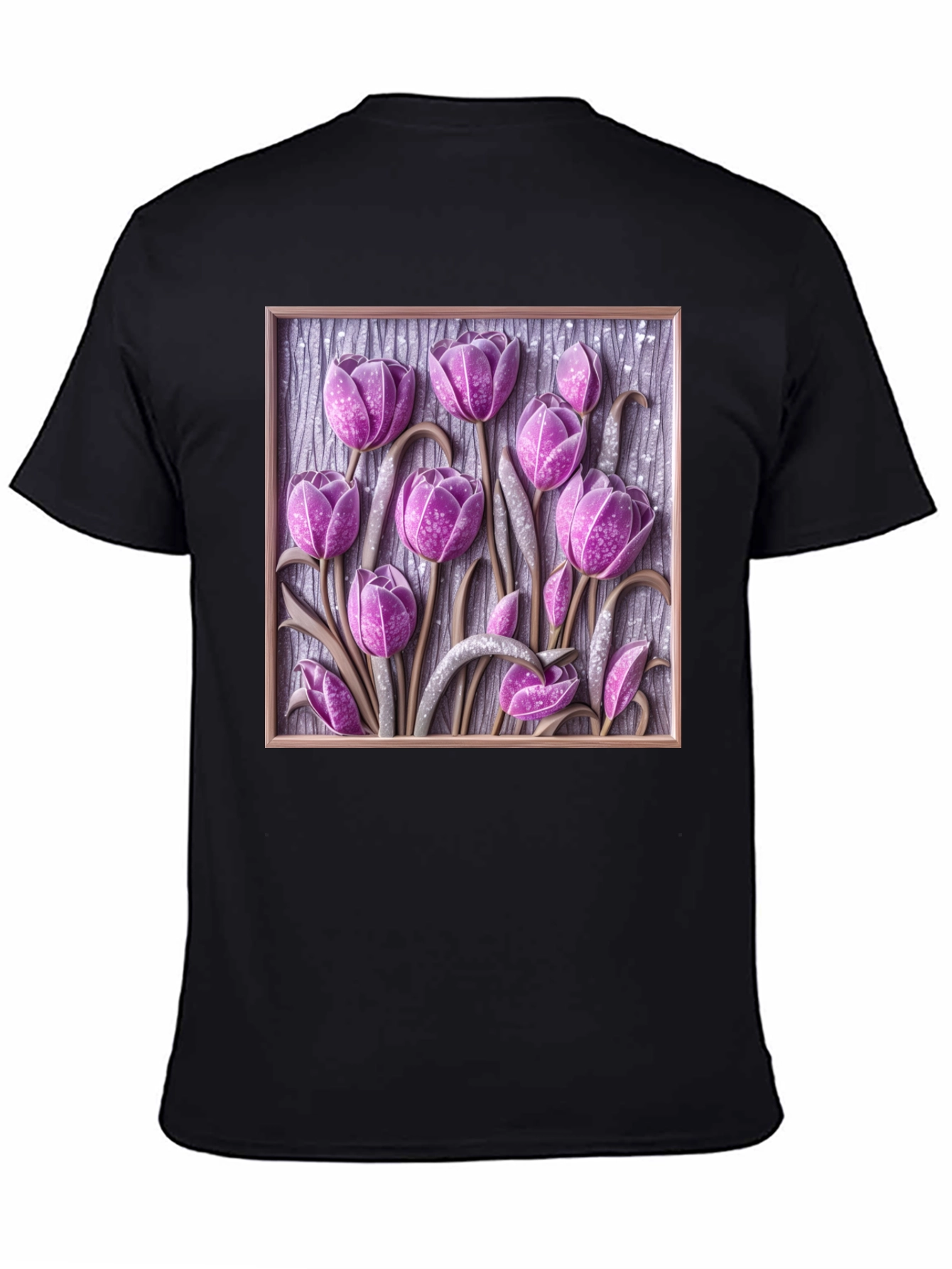 3D Tulip Flower Graphic Black T-Shirt