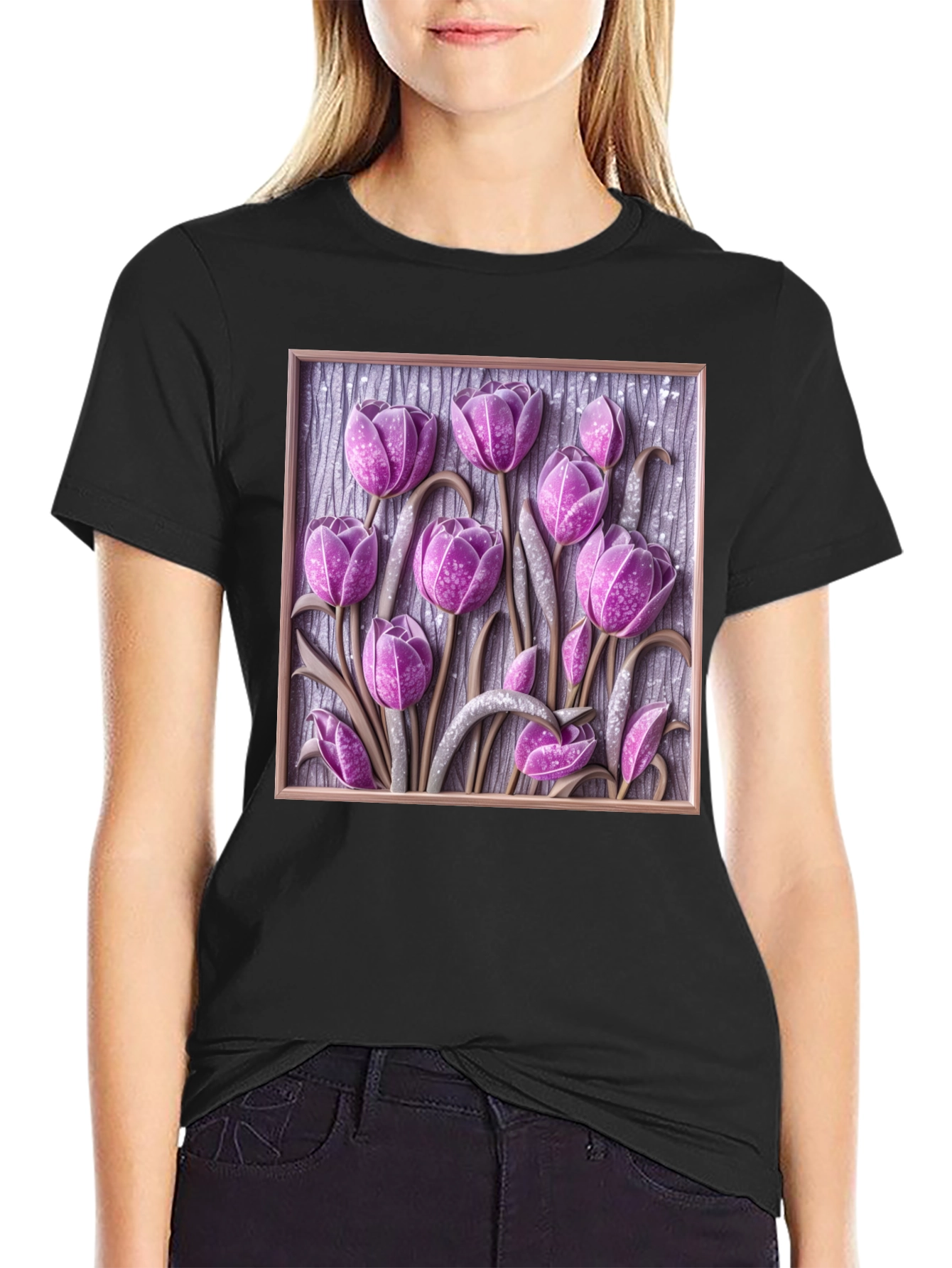 3D Tulip Flower Graphic Black T-Shirt