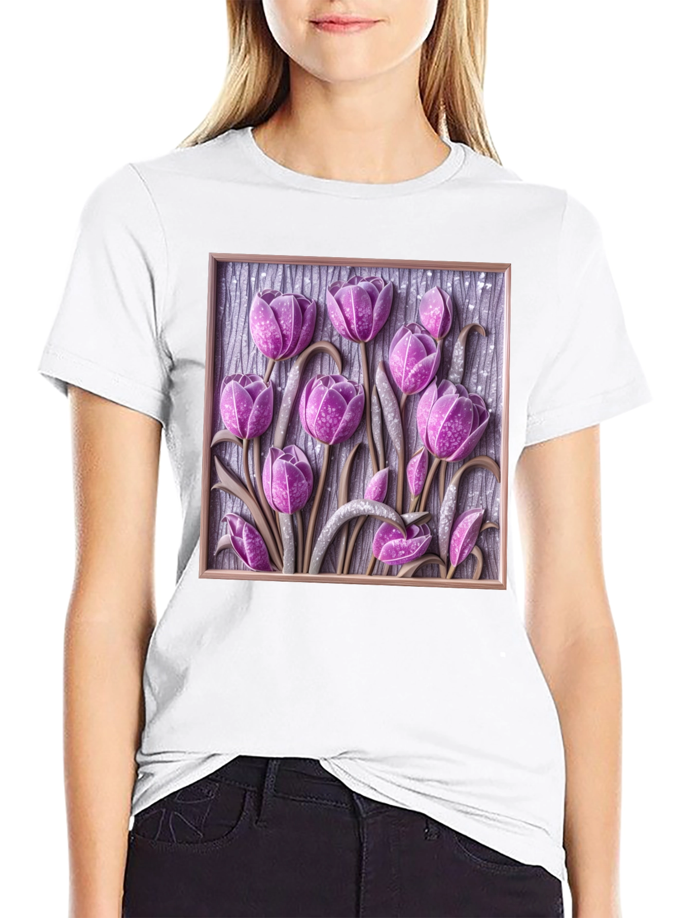 3D Tulip Flower Graphic Black T-Shirt