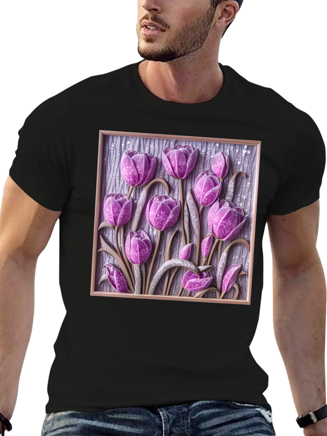 3D Tulip Flower Graphic Black T-Shirt