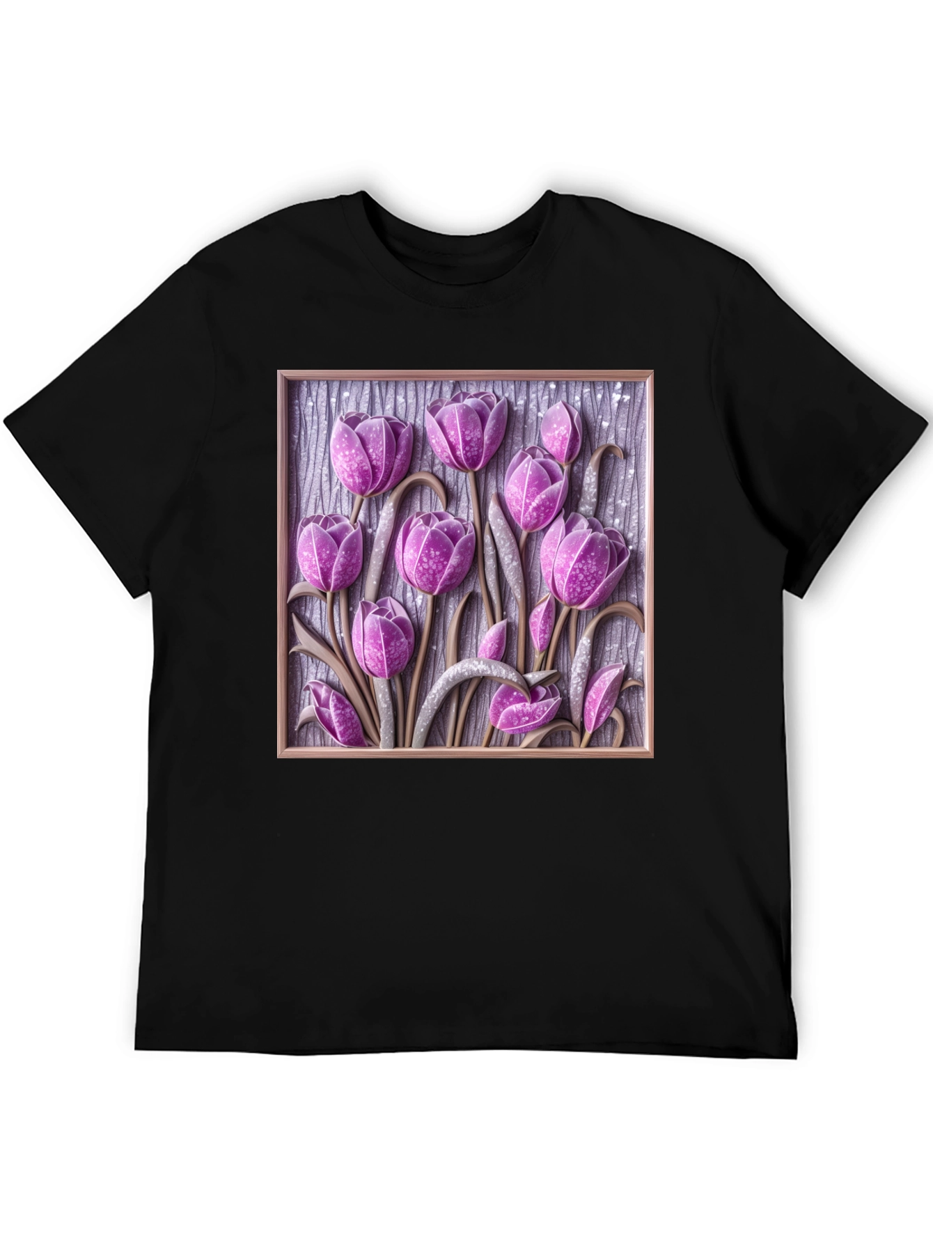 3D Tulip Flower Graphic Black T-Shirt