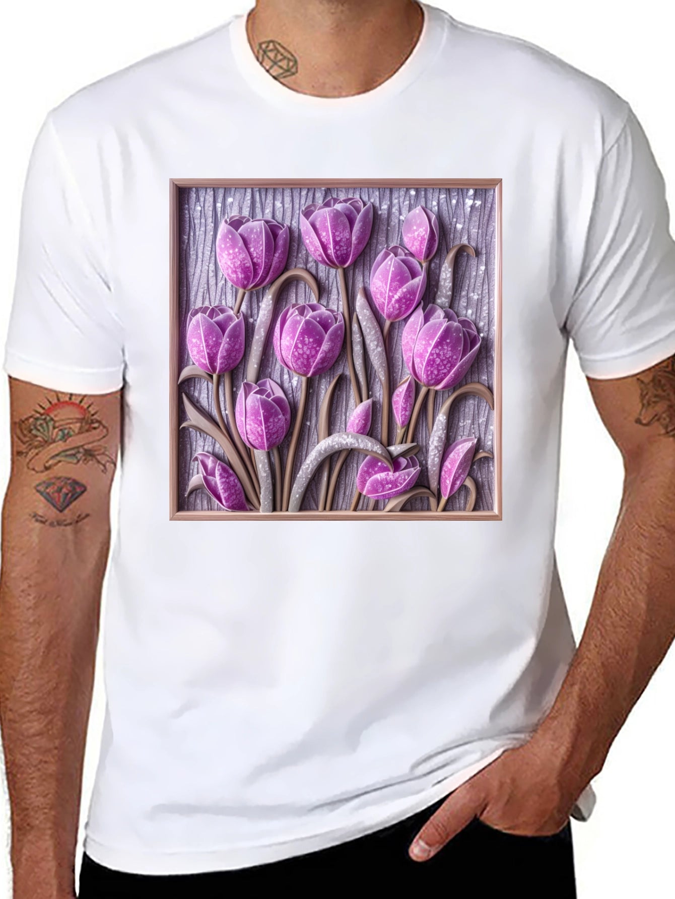 3D Tulip Flower Graphic Black T-Shirt
