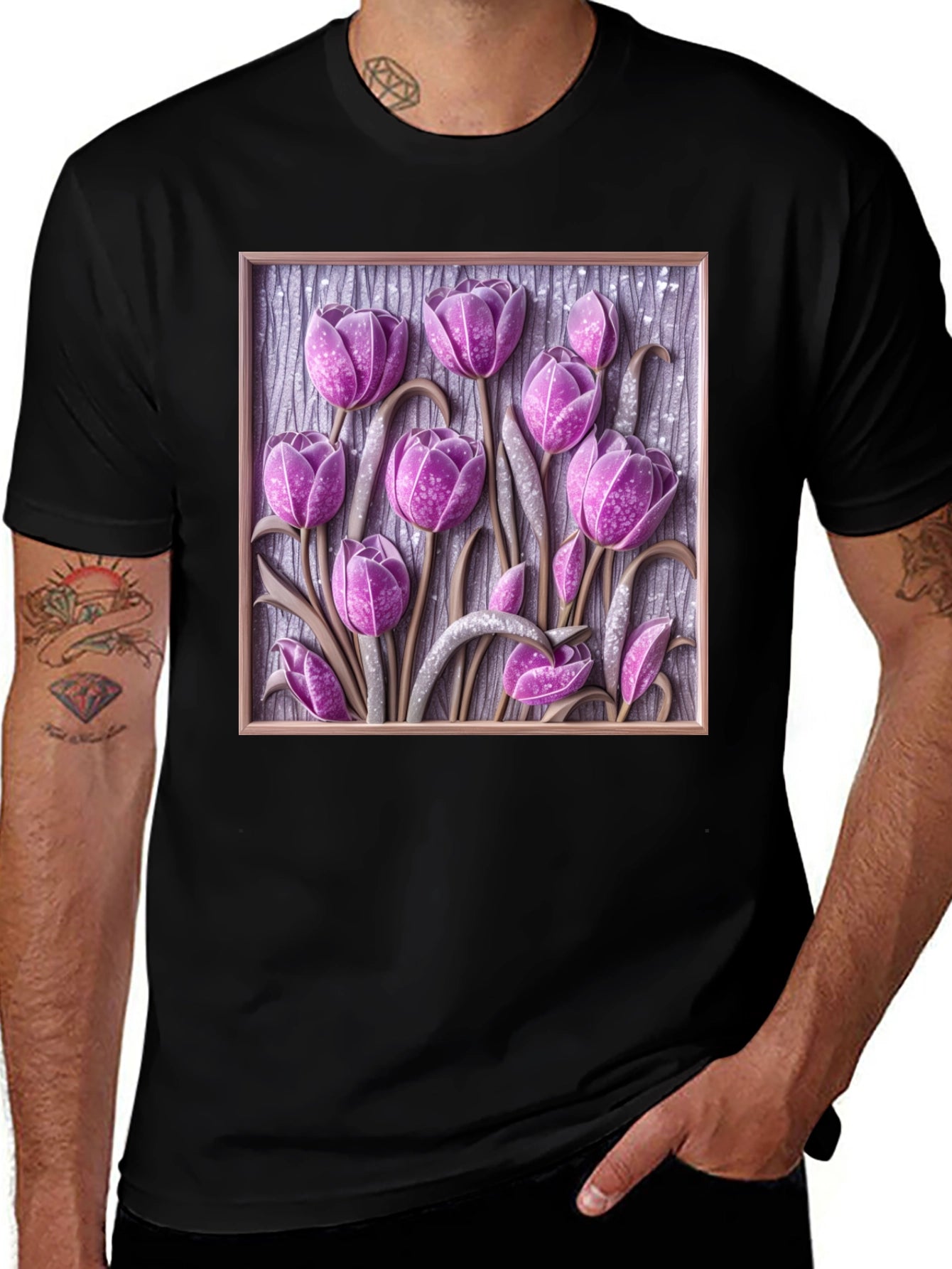 3D Tulip Flower Graphic Black T-Shirt