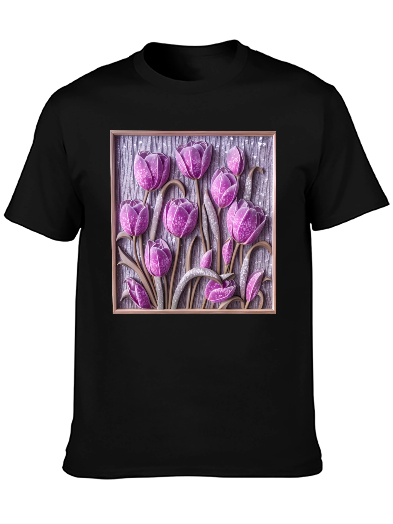 3D Tulip Flower Graphic Black T-Shirt
