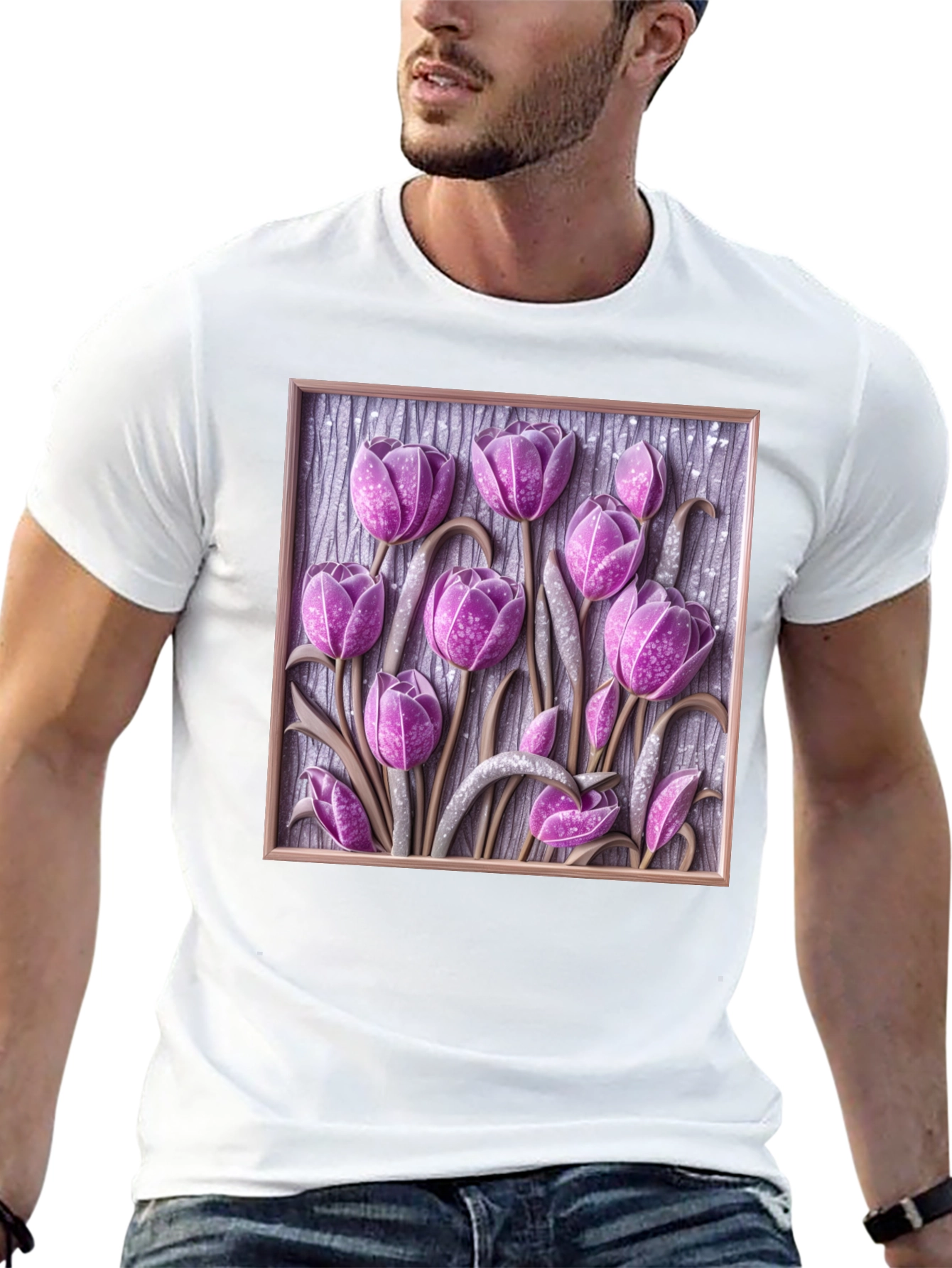 3D Tulip Flower Graphic Black T-Shirt