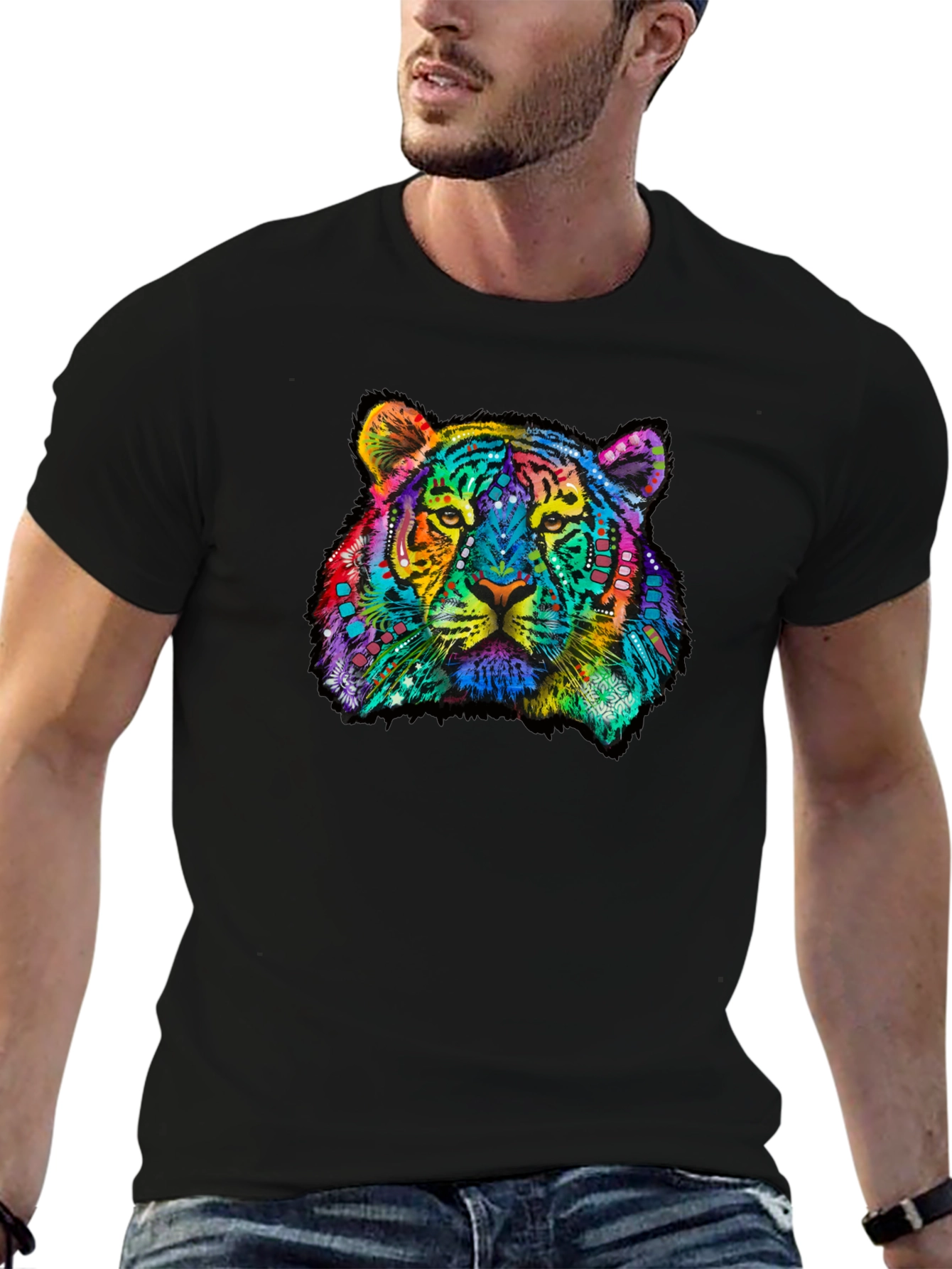 Vibrant Tiger Graphic Tee - Black Cotton T-Shirt