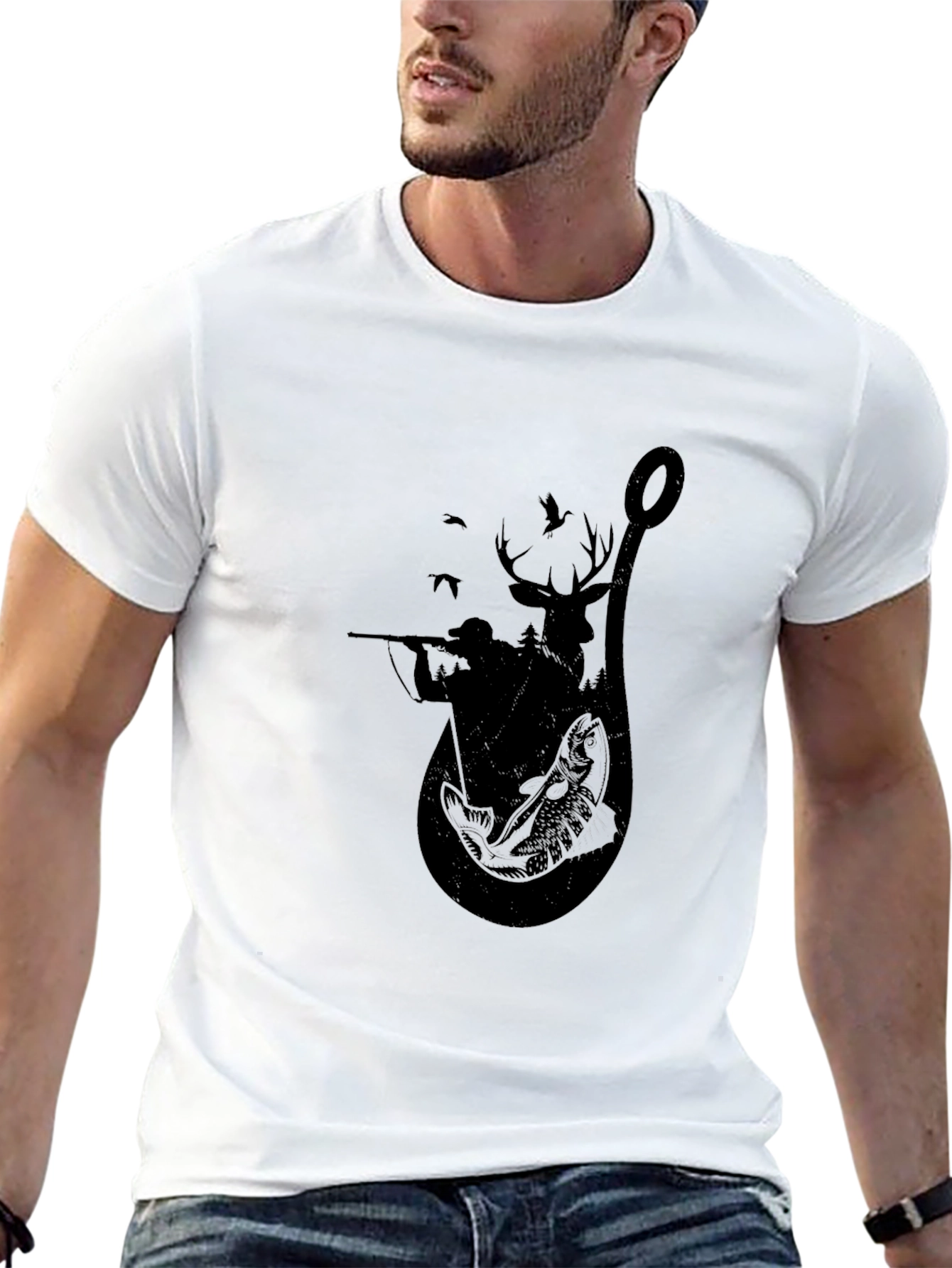 Fishing & Hunting Graphic Tee - Black Cotton Blend